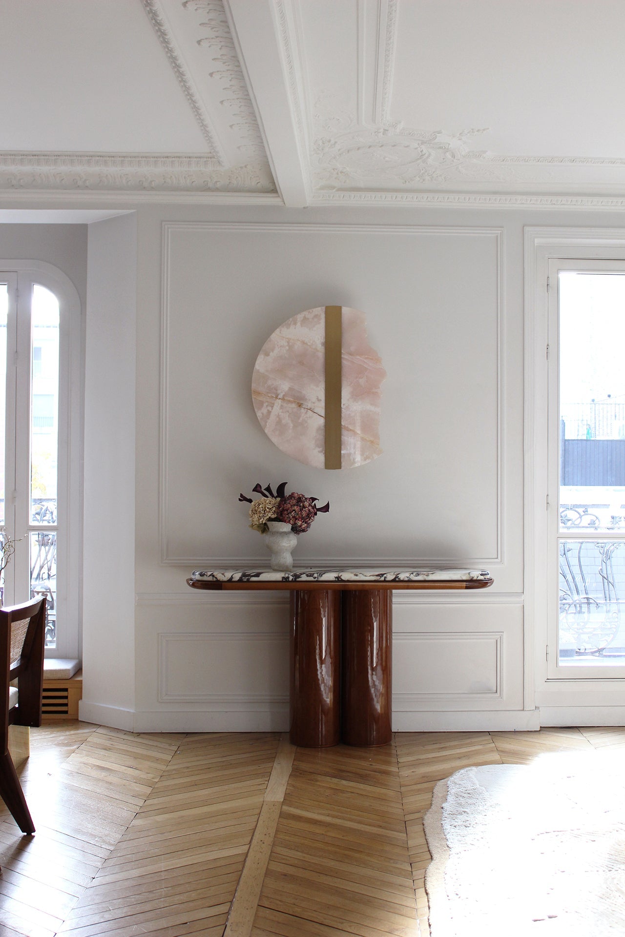 Ida Wood And Calacatta Viola Marble Console — styled in modern living room setting