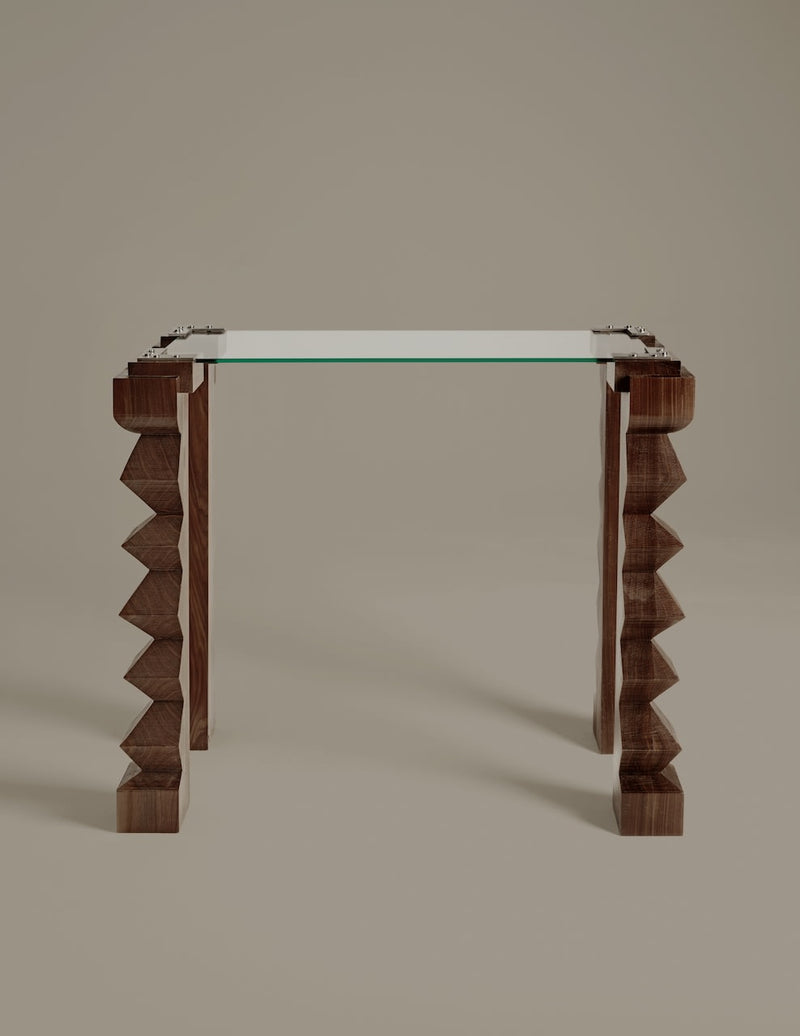 Attimo Console Table — close-up of wooden zigzag legs