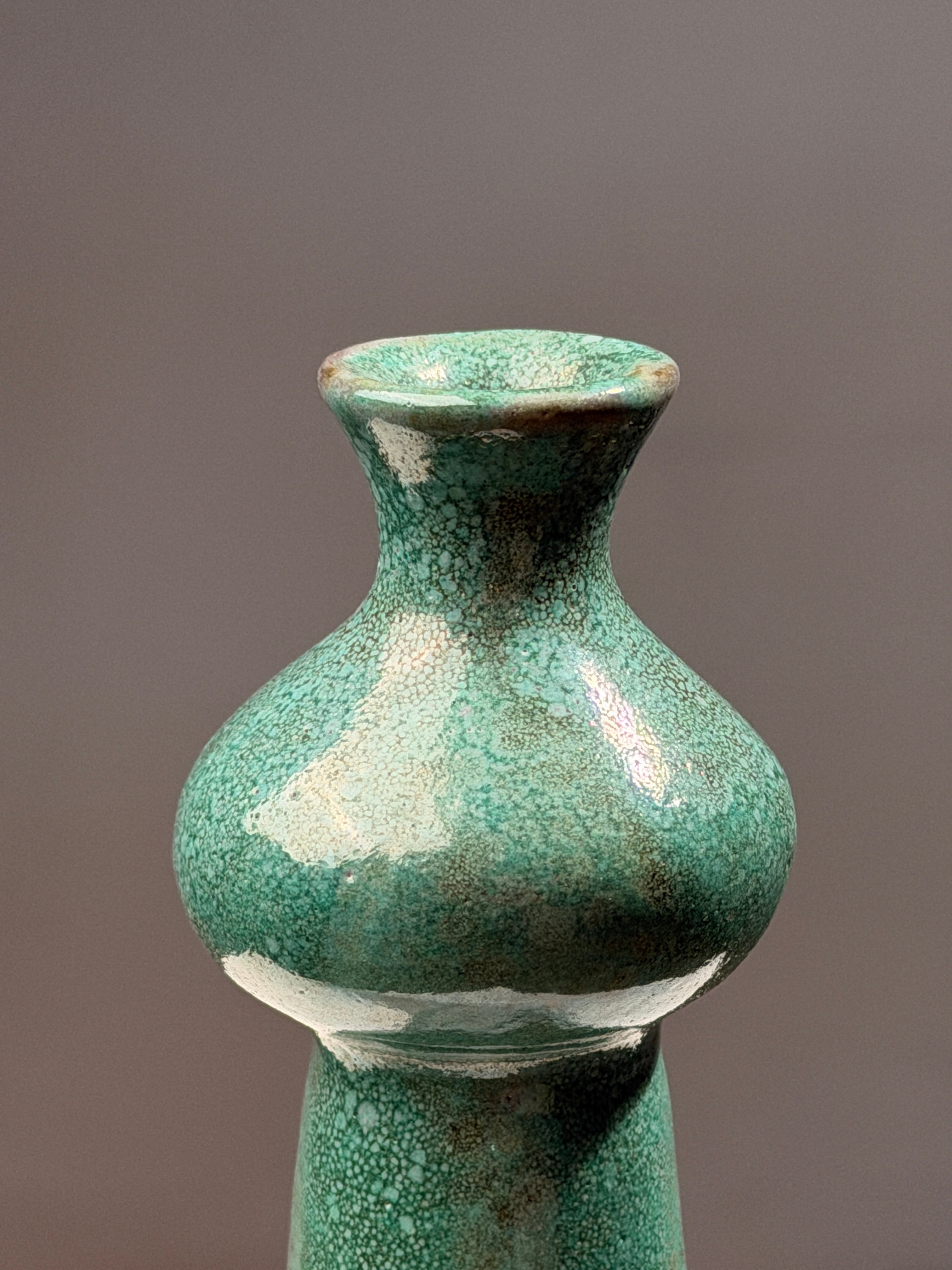Elegant green glazed terracotta soliflore vase, circa 1960 — side angle