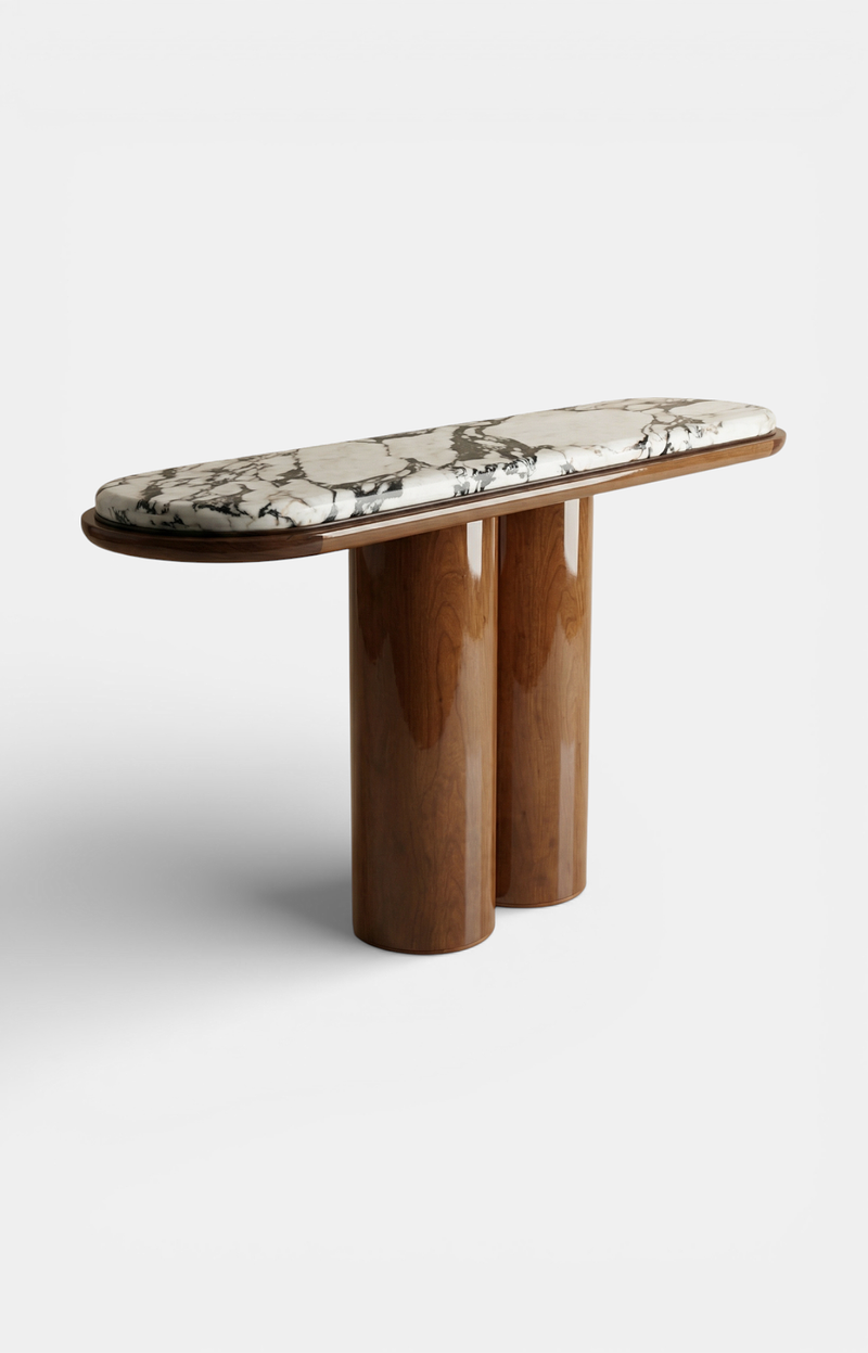 Ida Wood And Calacatta Viola Marble Console — close-up of marble top detail