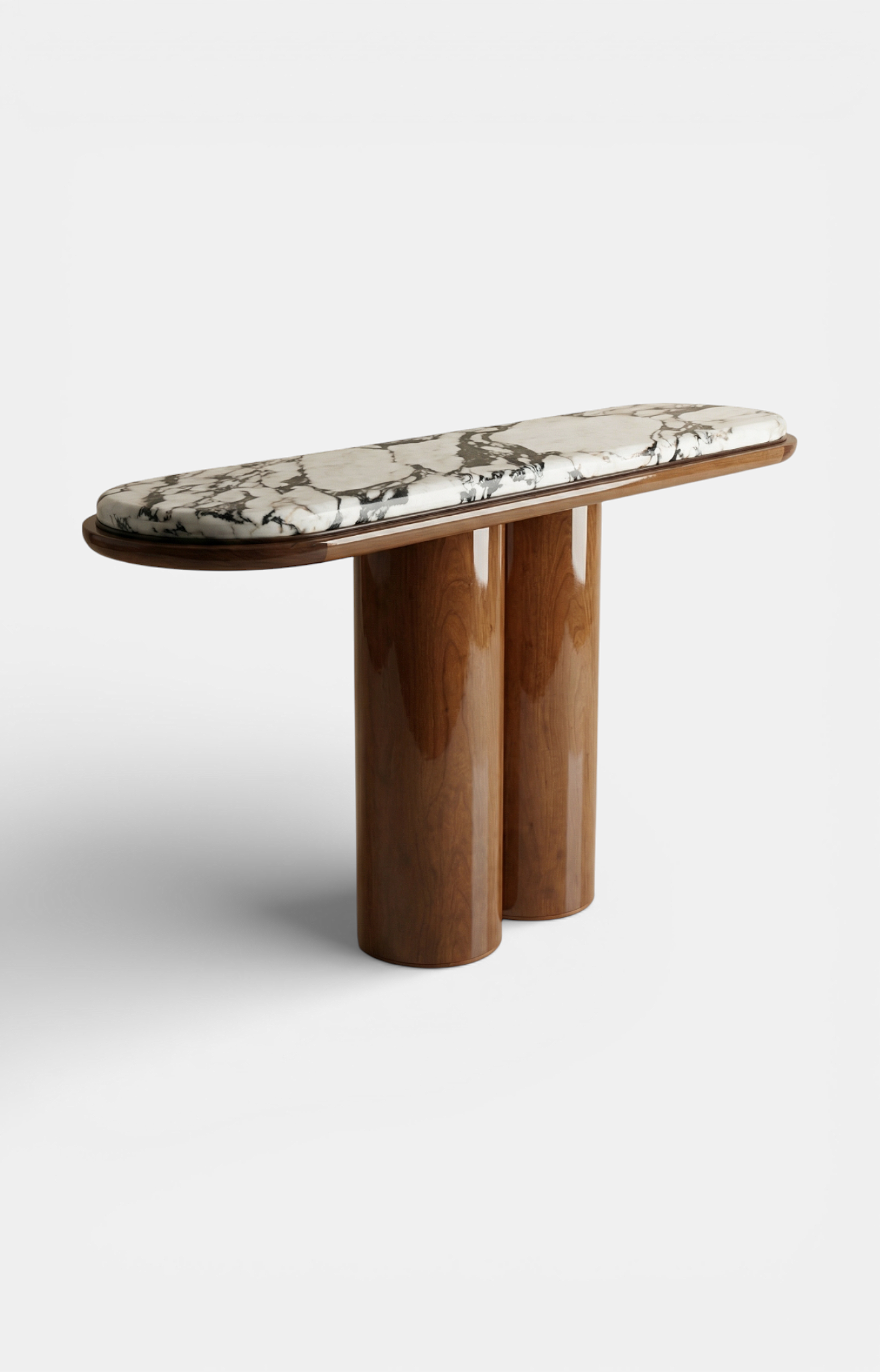 Ida Wood And Calacatta Viola Marble Console — close-up of marble top detail