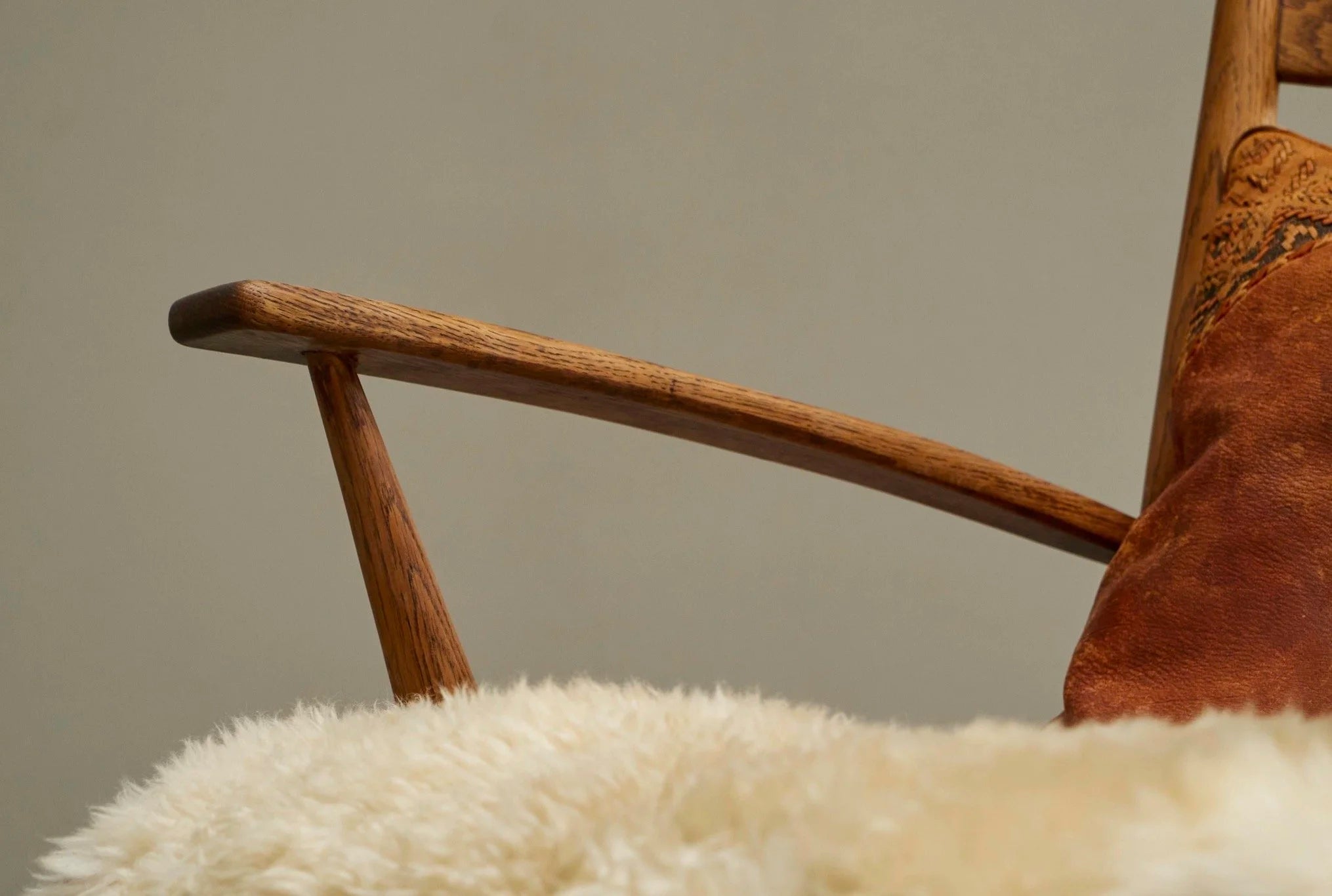 Rocking Chair in Solid Oak and Sheepskin France 1960s — lifestyle setting