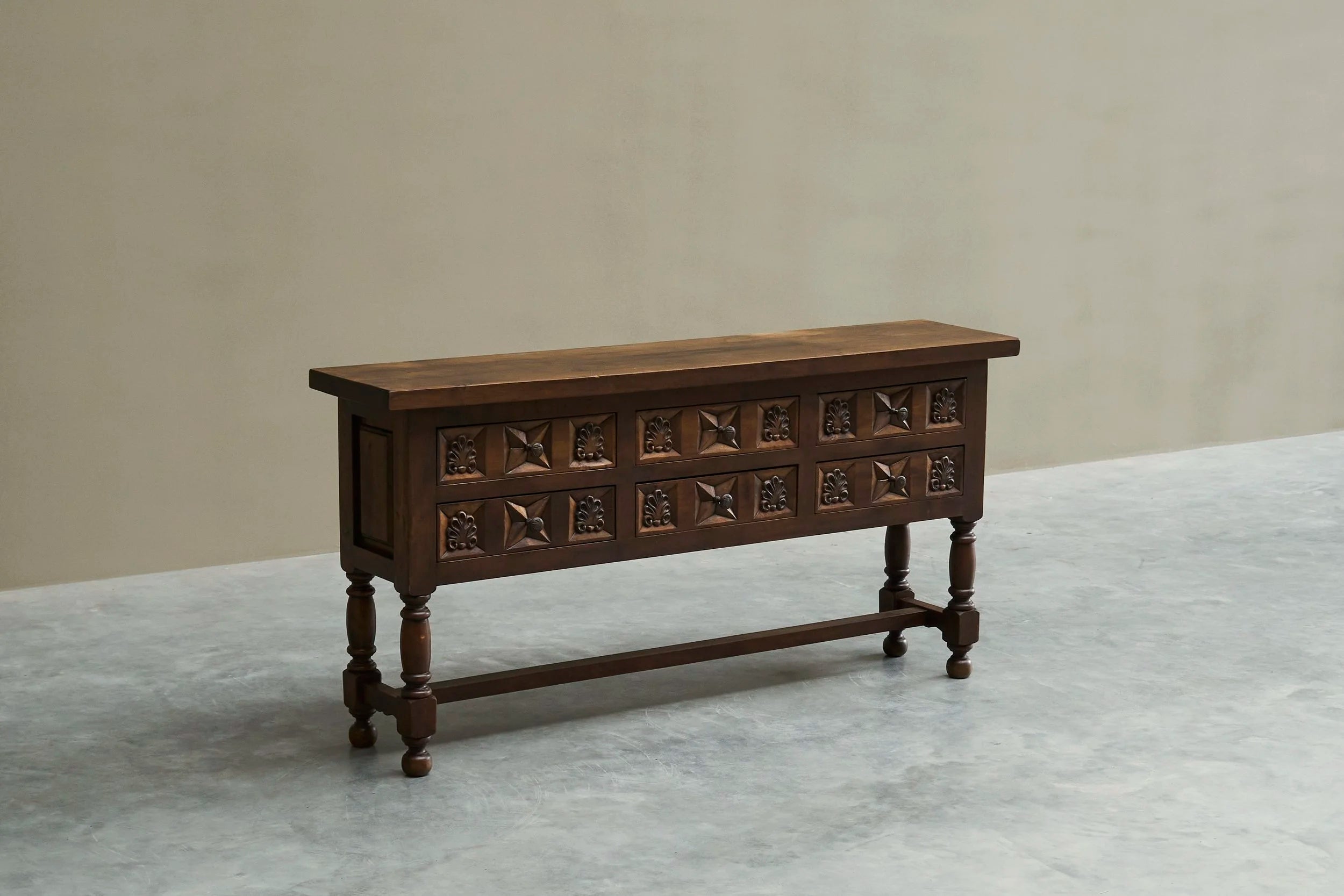 Spanish Style Sideboard in Hand-Carved Solid Walnut and Wrought Iron Early 20th Century — view 9