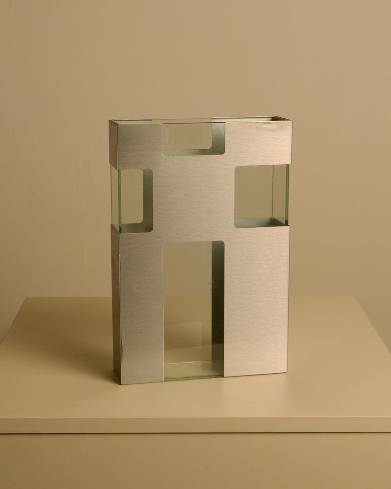 Italian Vase in Metal and Glass c. 1980 — close-up of brushed metal and glass details