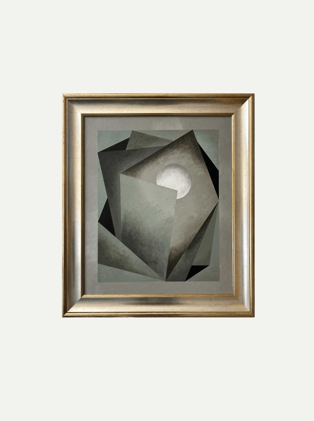 “Nest” Painting by Iris Bavelaar—a framed abstract artwork with geometric forms in gray and black, featuring a moon-like white circle on a neutral background; an elegant piece of contemporary linen wall art.