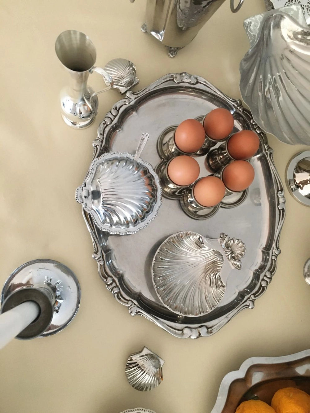 Vintage Stainless Steel Egg Cup Set with Serving Tray — lifestyle setting