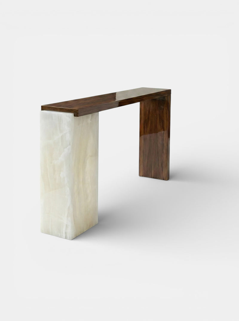 Jill Wood and White Onyx Console — detail view