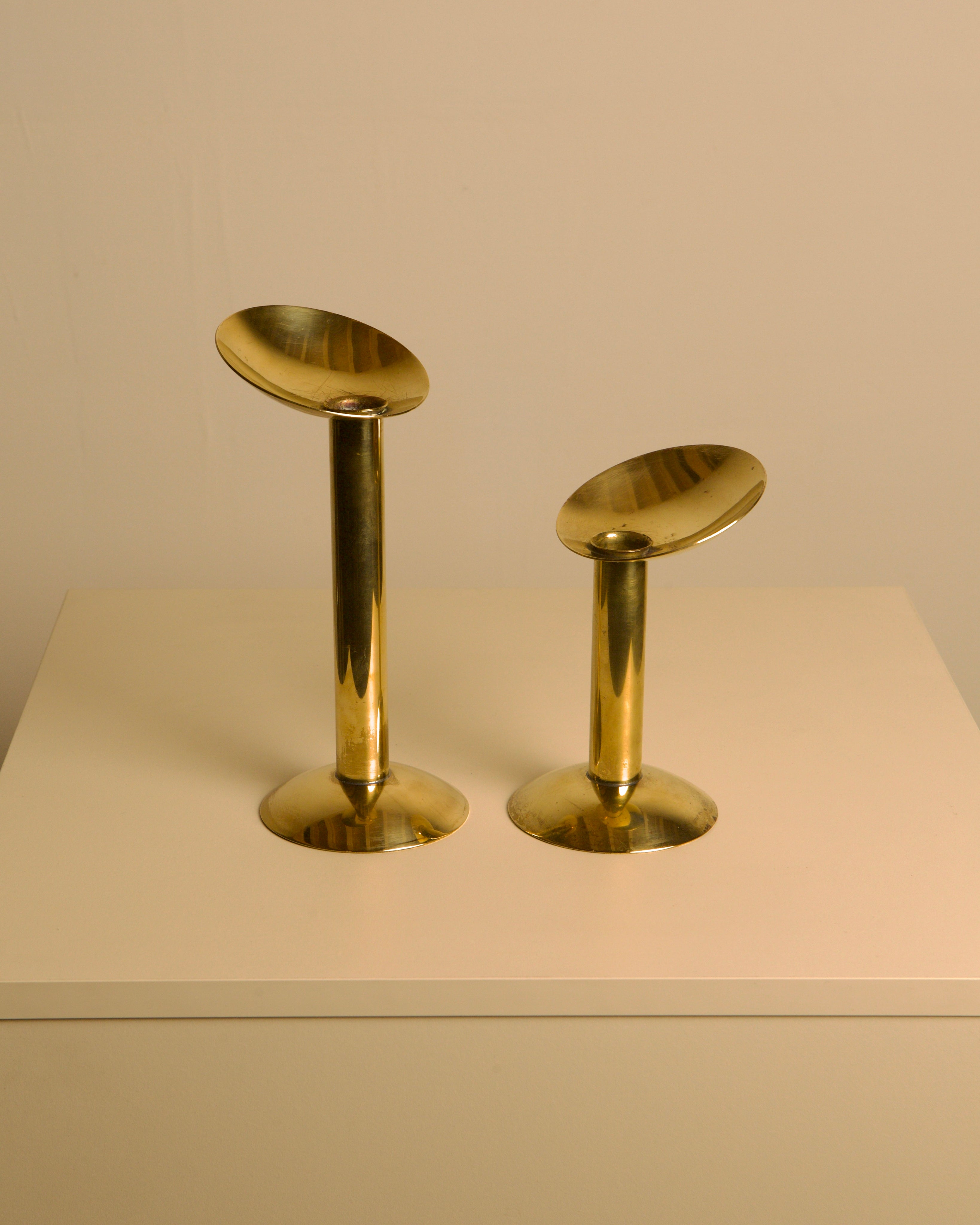 Pair of Danish Brass Candleholders 1960s by Treaptyque | The Oblist — polished brass finish