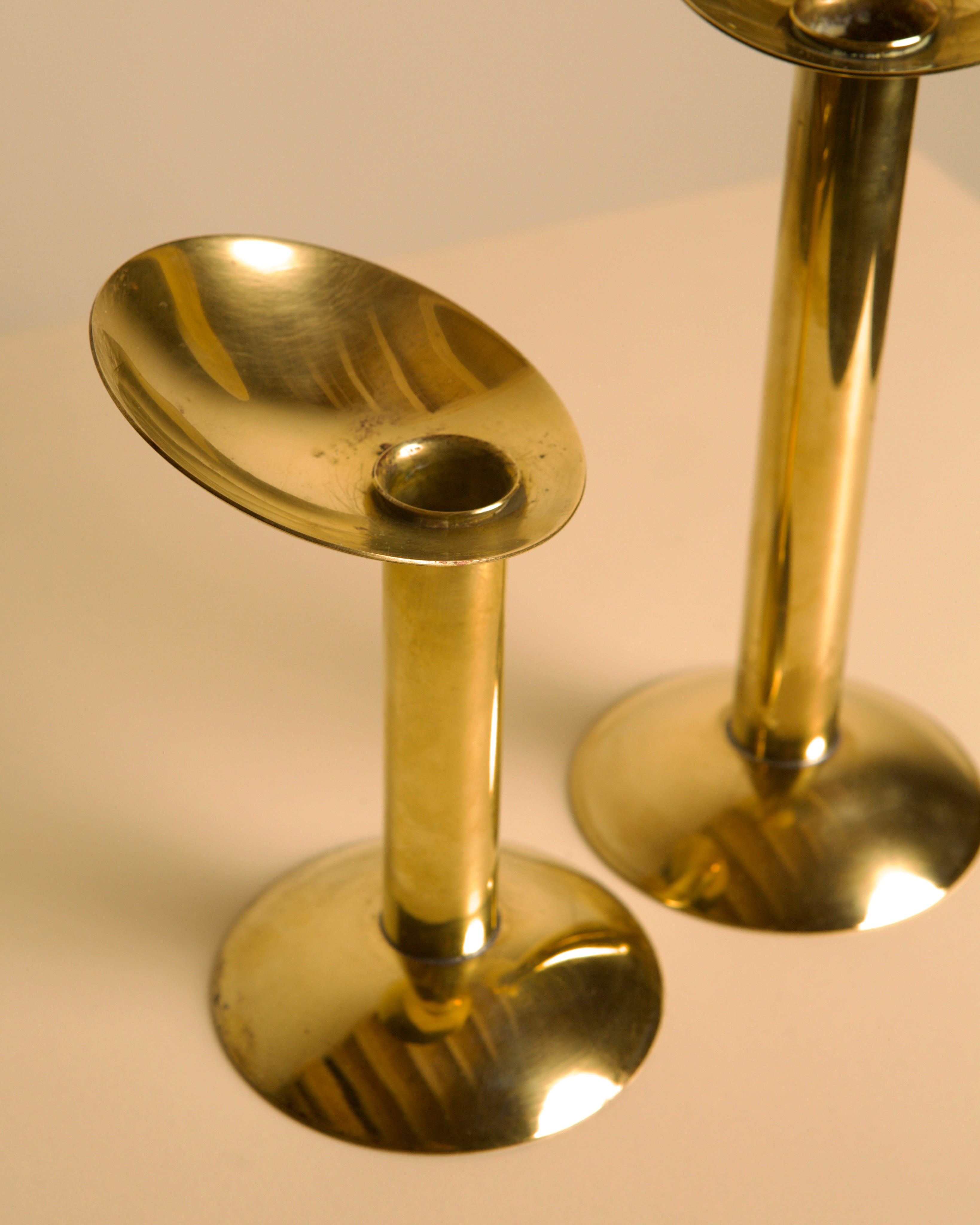 Pair of Danish Brass Candleholders 1960s — close-up of polished brass finish