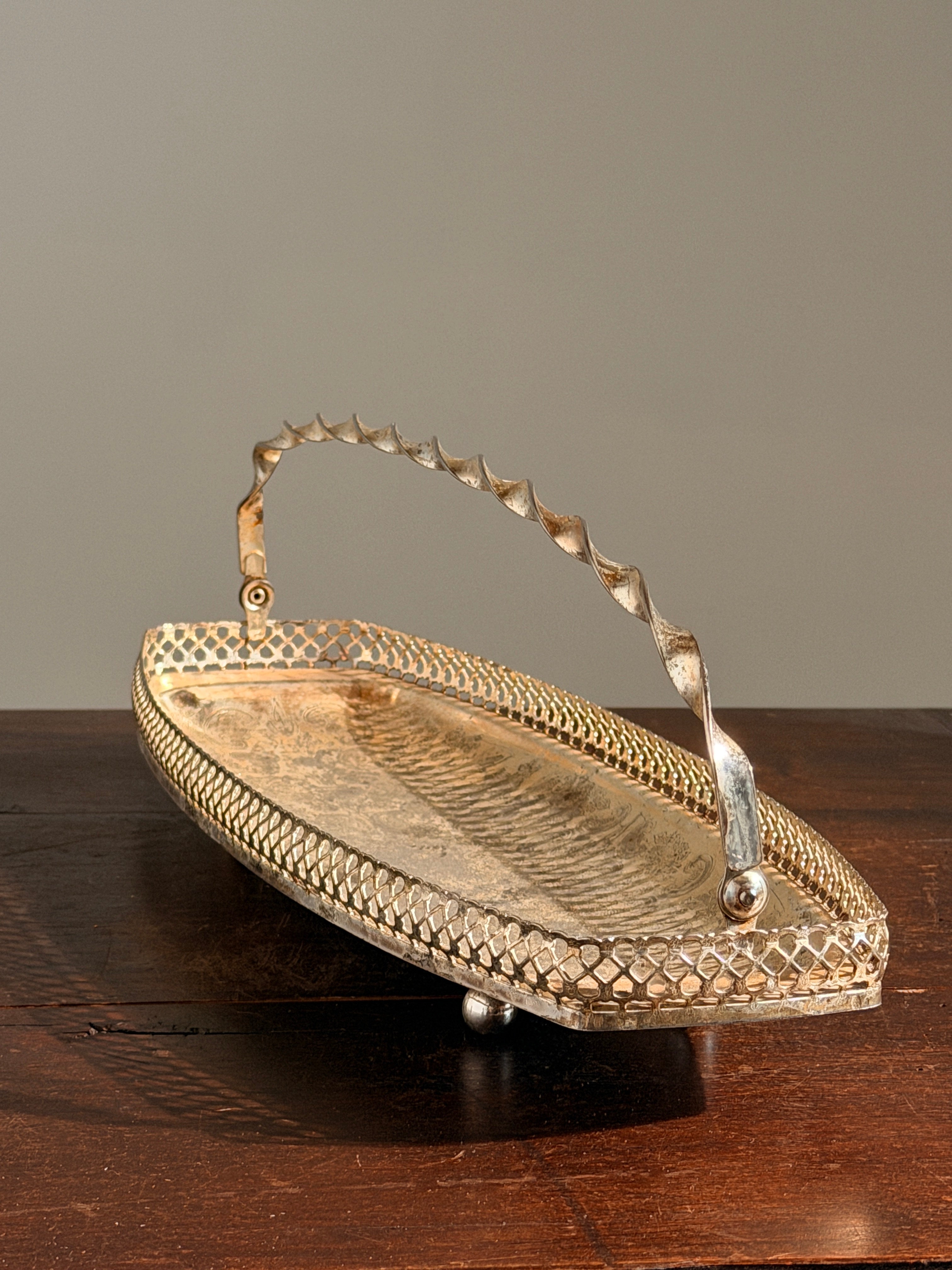 Silver-plated handled basket, Art Deco style — side angle
