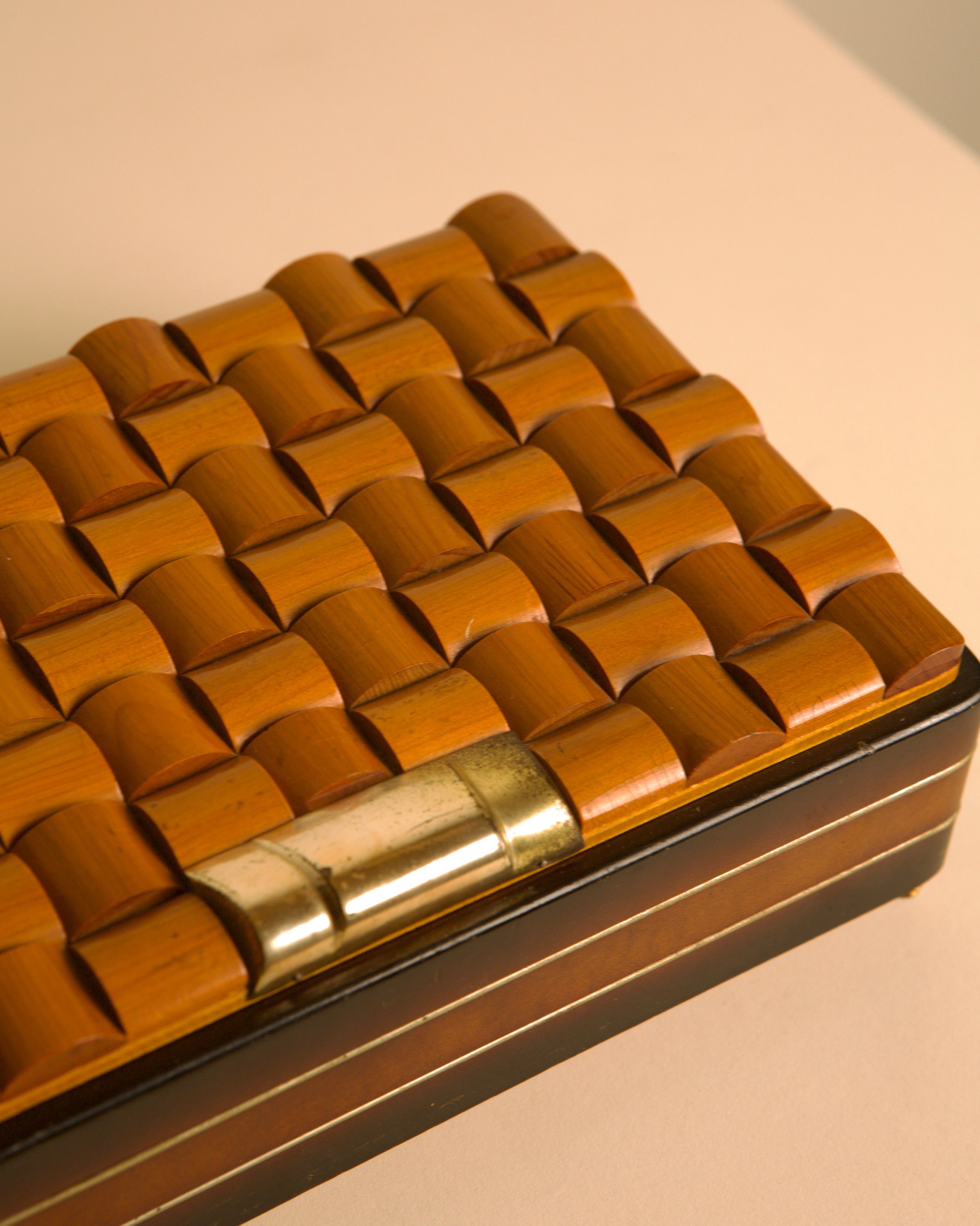 Italian Woven Wood & Brass Cigarette Box, 1970s — close-up