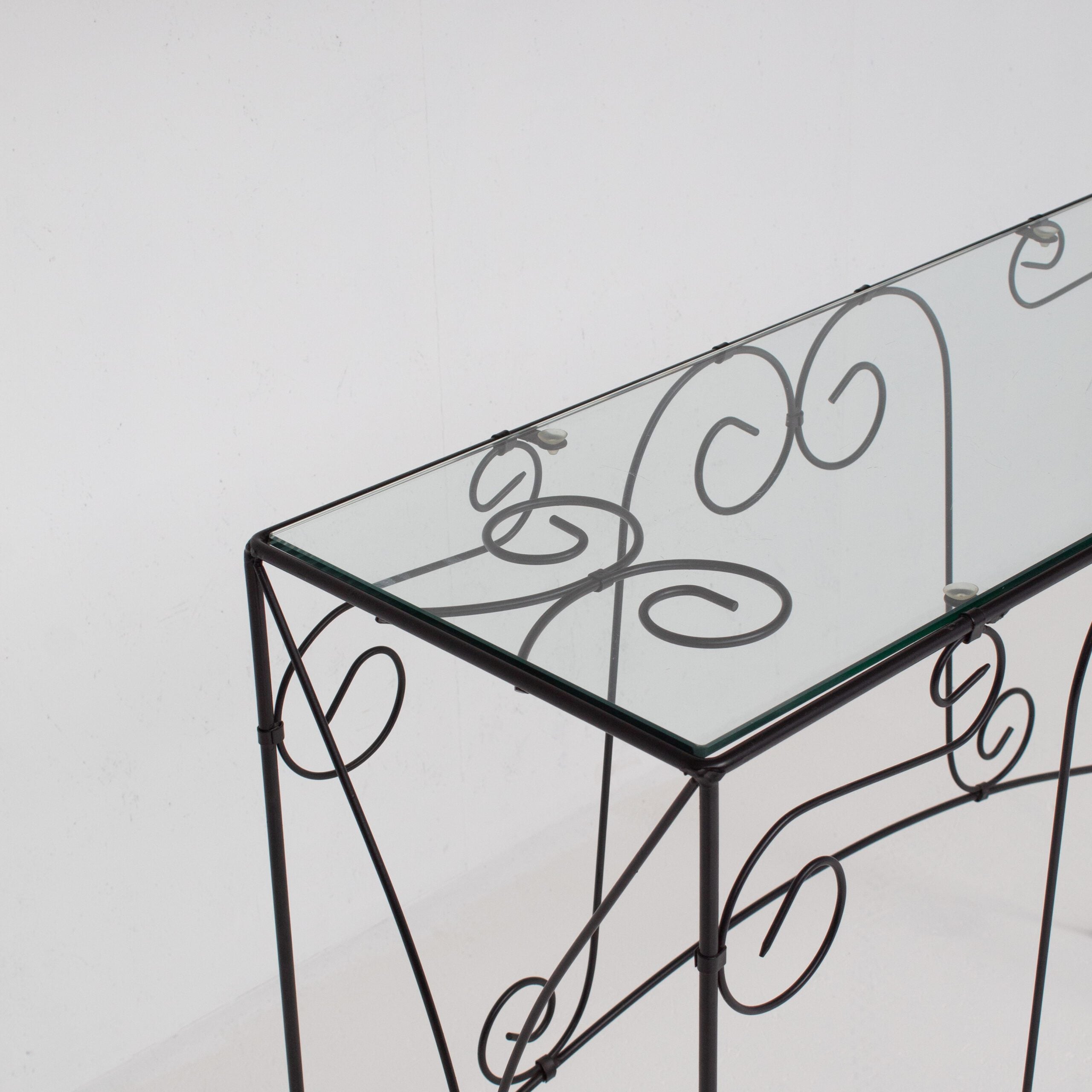 Vintage Wrought Iron Console Table With Glass Top — lifestyle setting