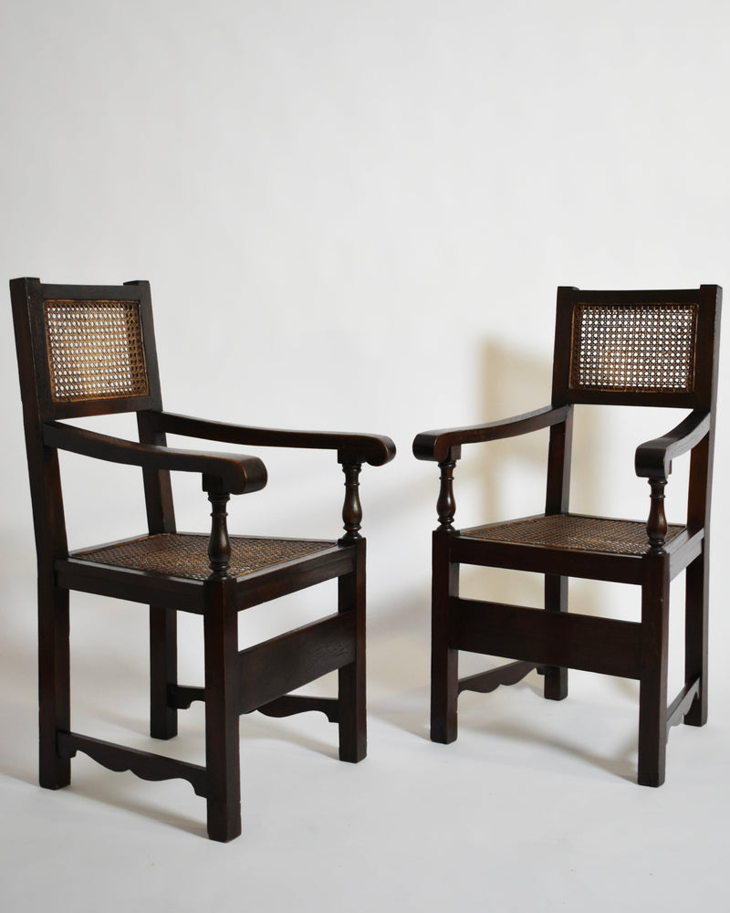 Pair of turned wood and cane armchairs, 1910s by Barracuda Interiors | The Oblist — vintage dark wood finish