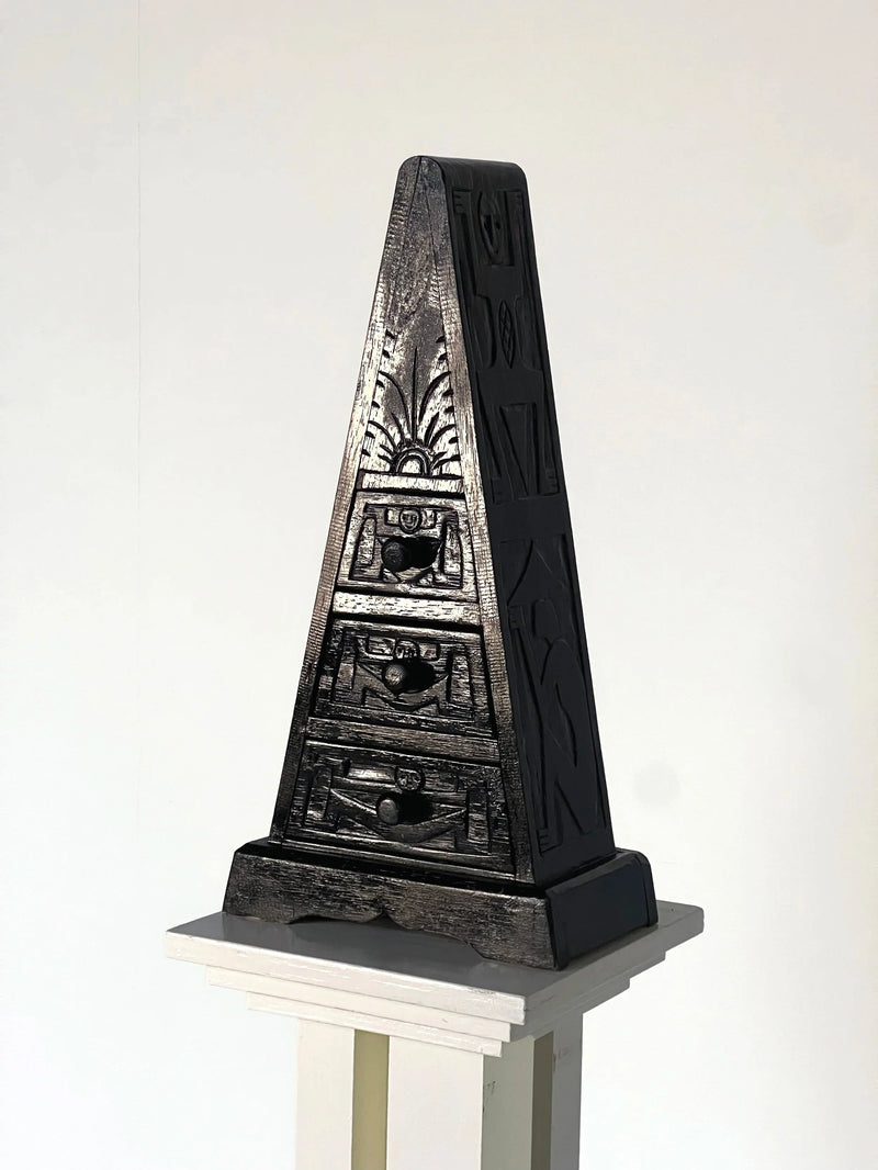 Triangle Small Chest of Carved Drawers — close-up of black carved wood detail