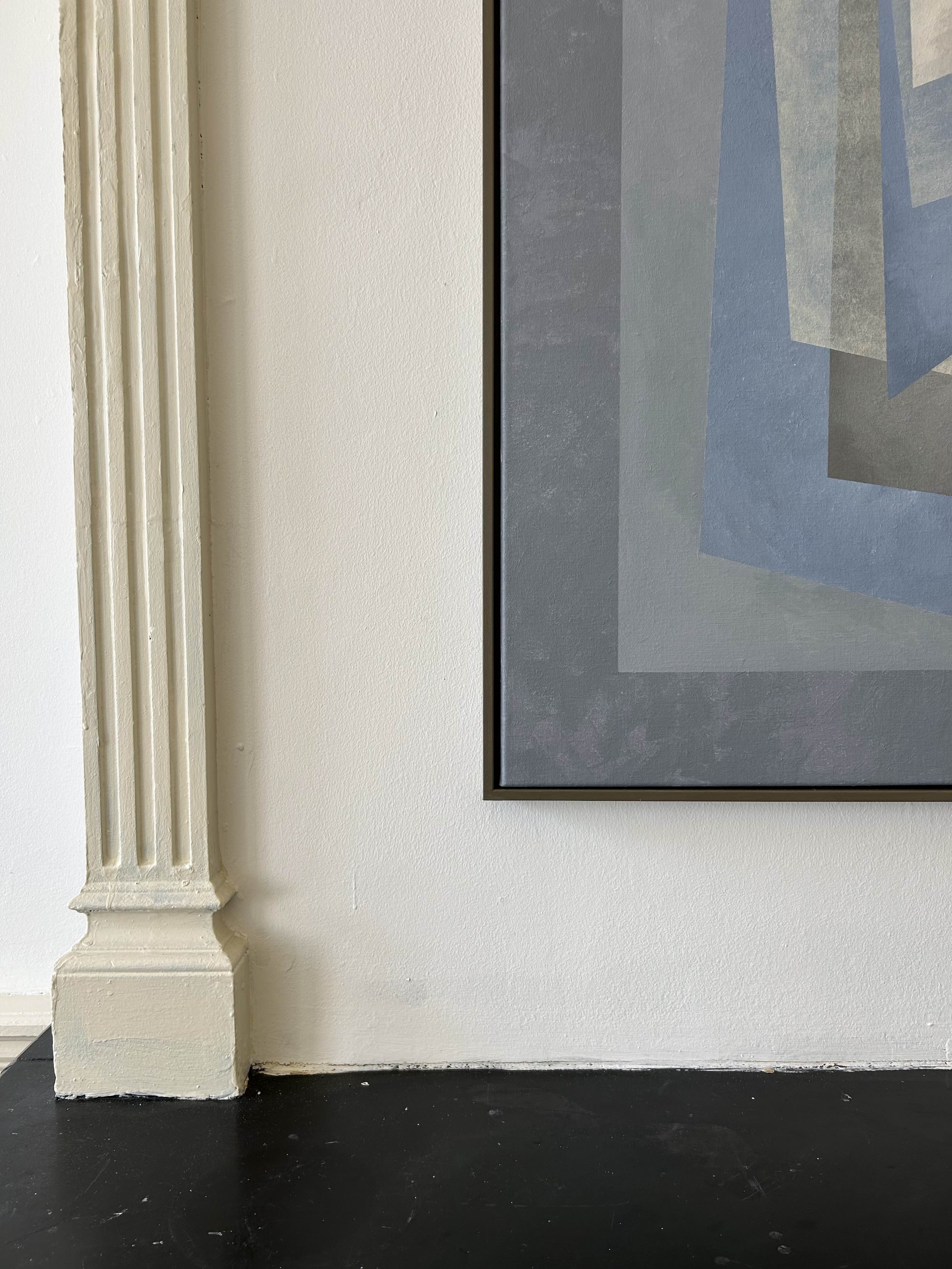 The "Floating" Painting by Iris Bavelaar features geometric shapes in a contemporary style, framed and displayed on a white wall beside a cream fluted column and above a black floor—ideal modern living room art.