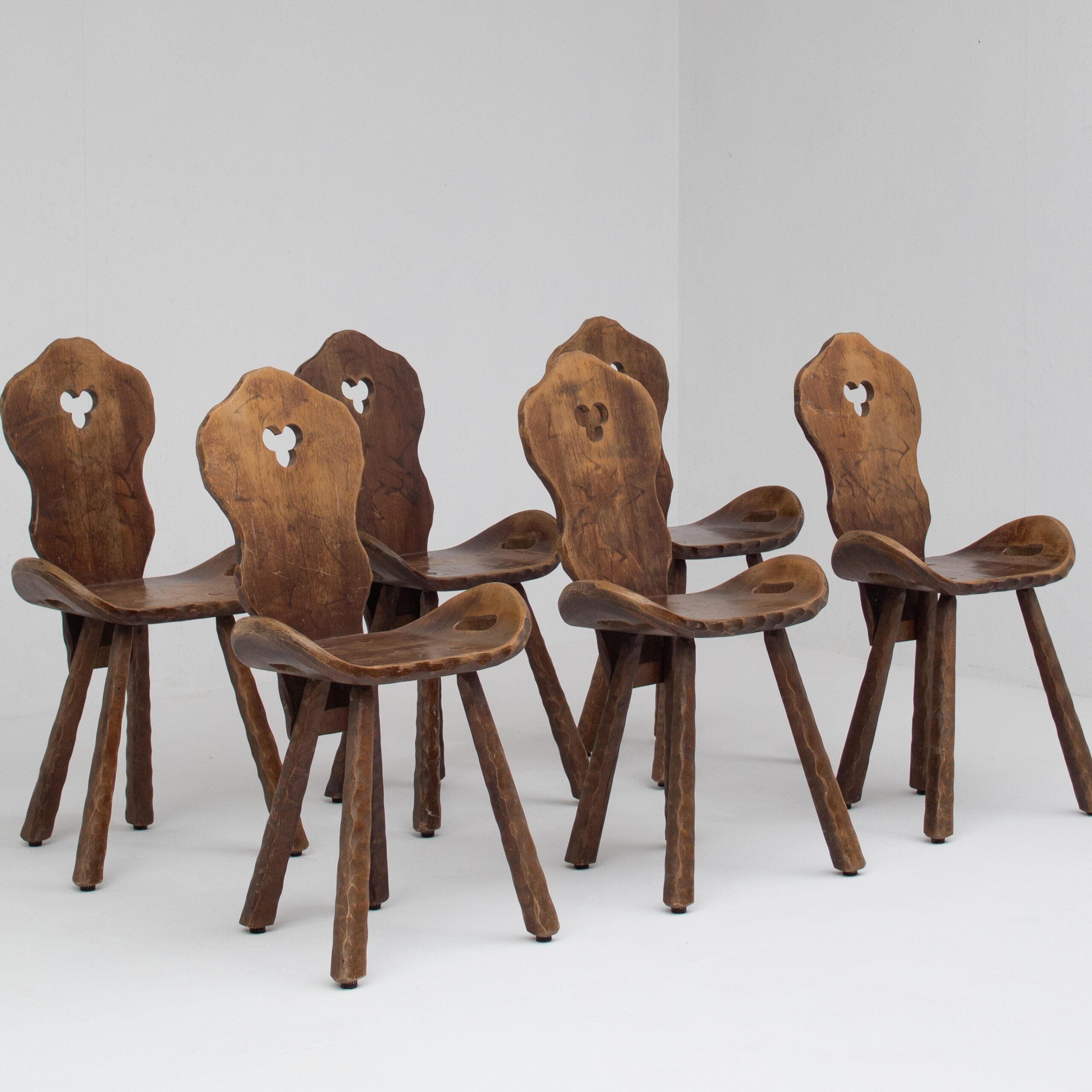 Set of 6 Brutalist Solid Wood Stools, 1970s — detail view