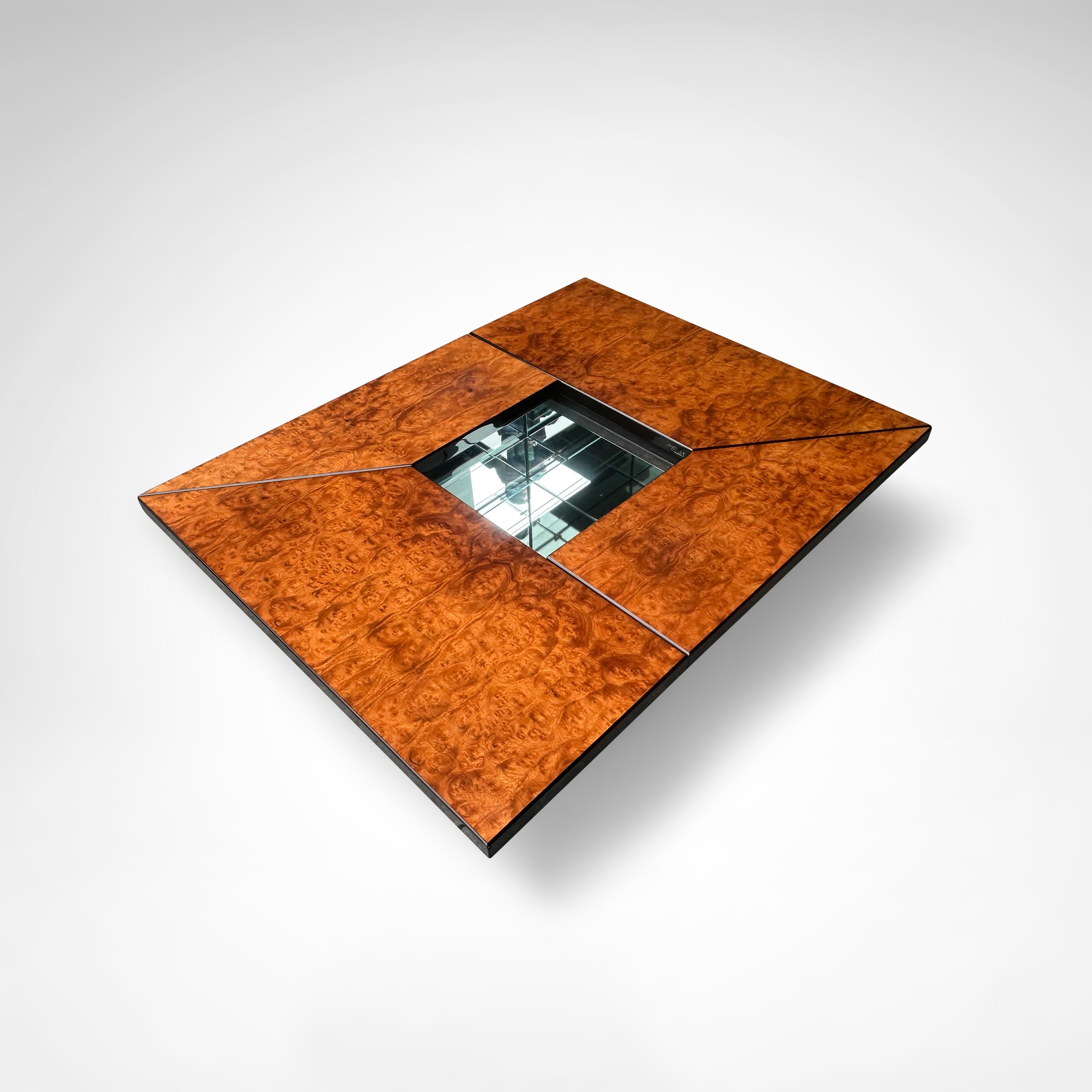 Burl wood coffee table with bar by Paul Michel for Roche Bobois 1980s — top view highlighting rich wood grain and mirrored ce