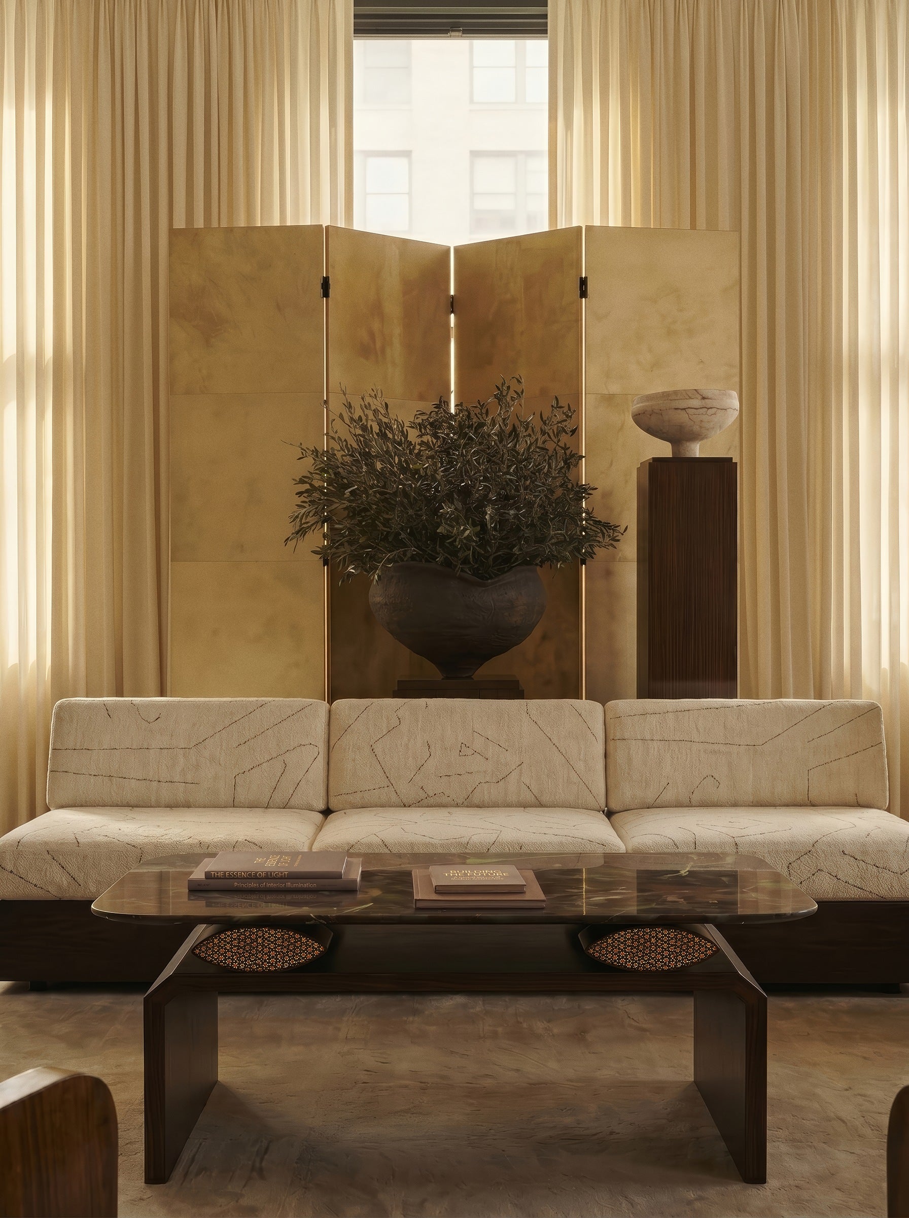 NAZAR II Coffee Table in Ocean Red Granite, Walnut and Khatam Marquetry — detail view