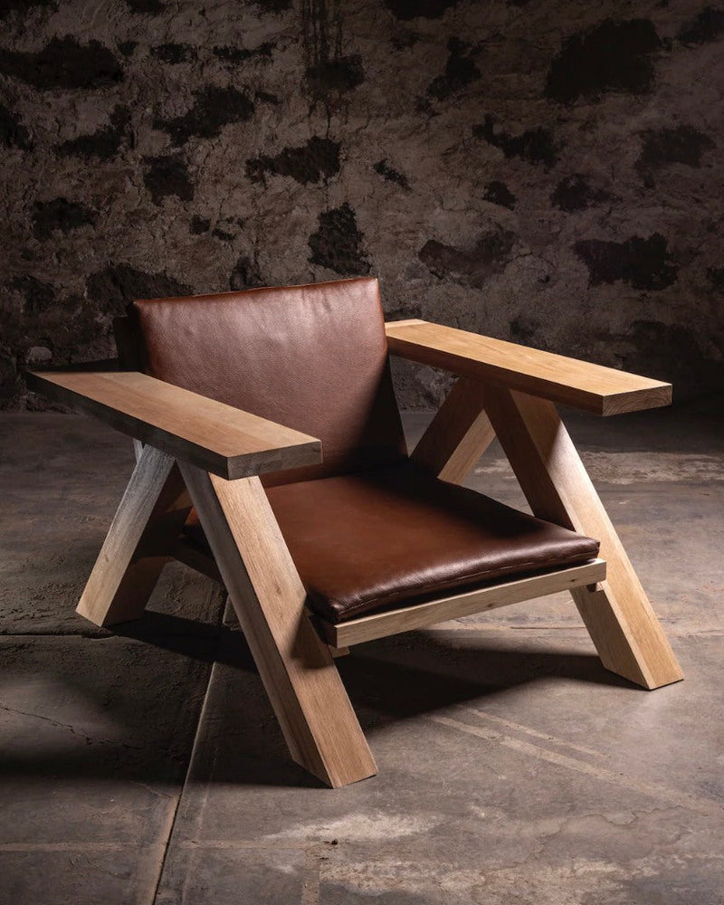 TTR lounge chair with angular oak frame and brown leather upholstery
