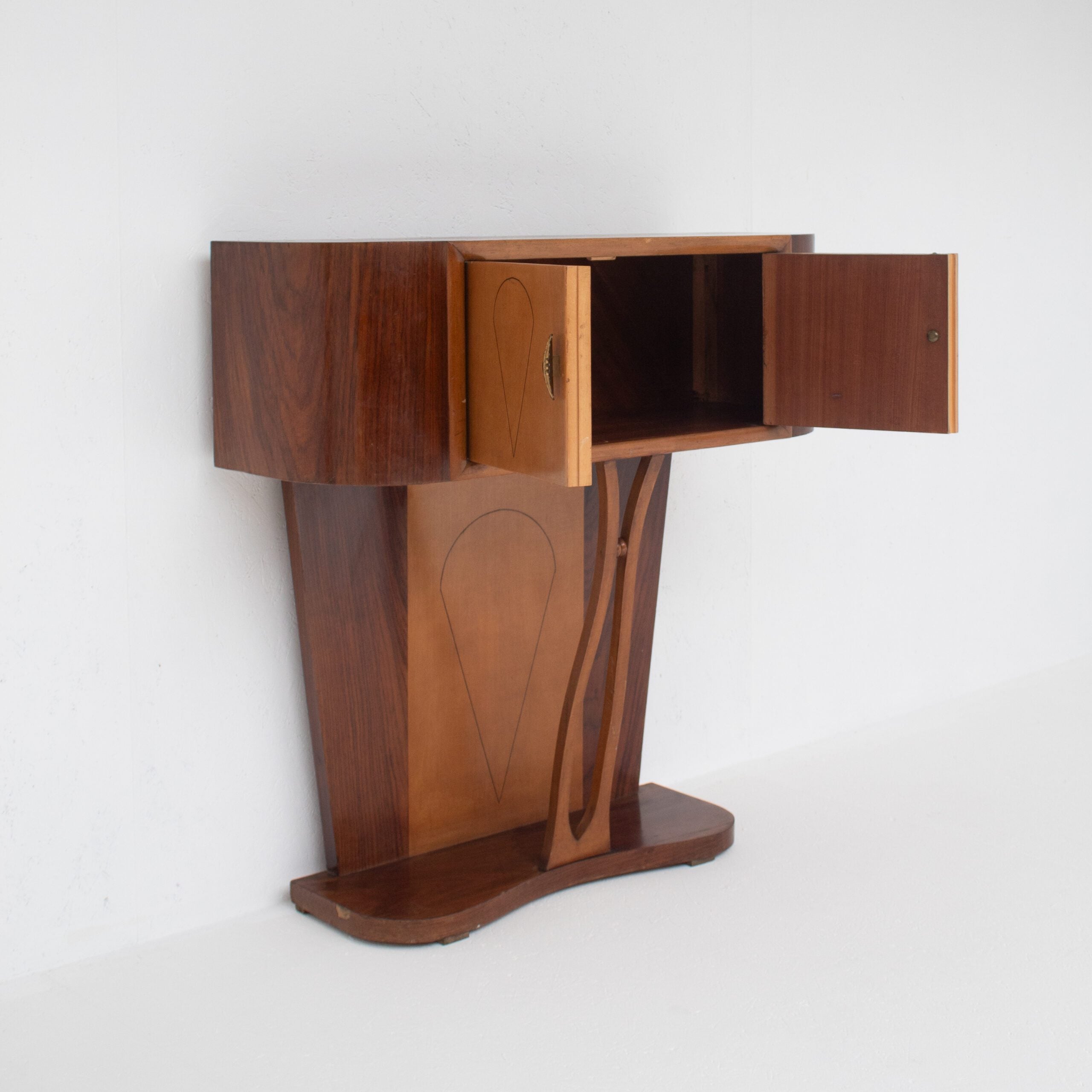 Art Deco Walnut Console with Inlay Details — angled view showing open cabinet doors