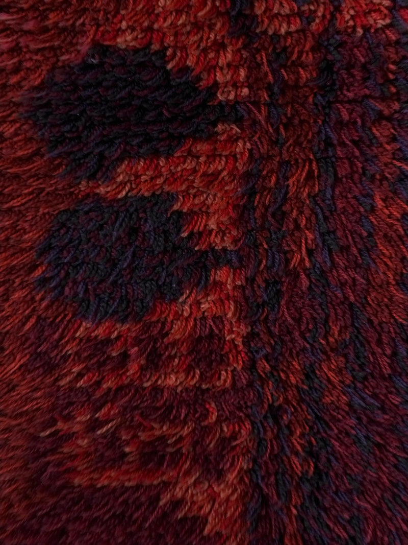 Vintage Swedish Red Wool Rya Rug | 1960s — close-up of textured red wool fibers