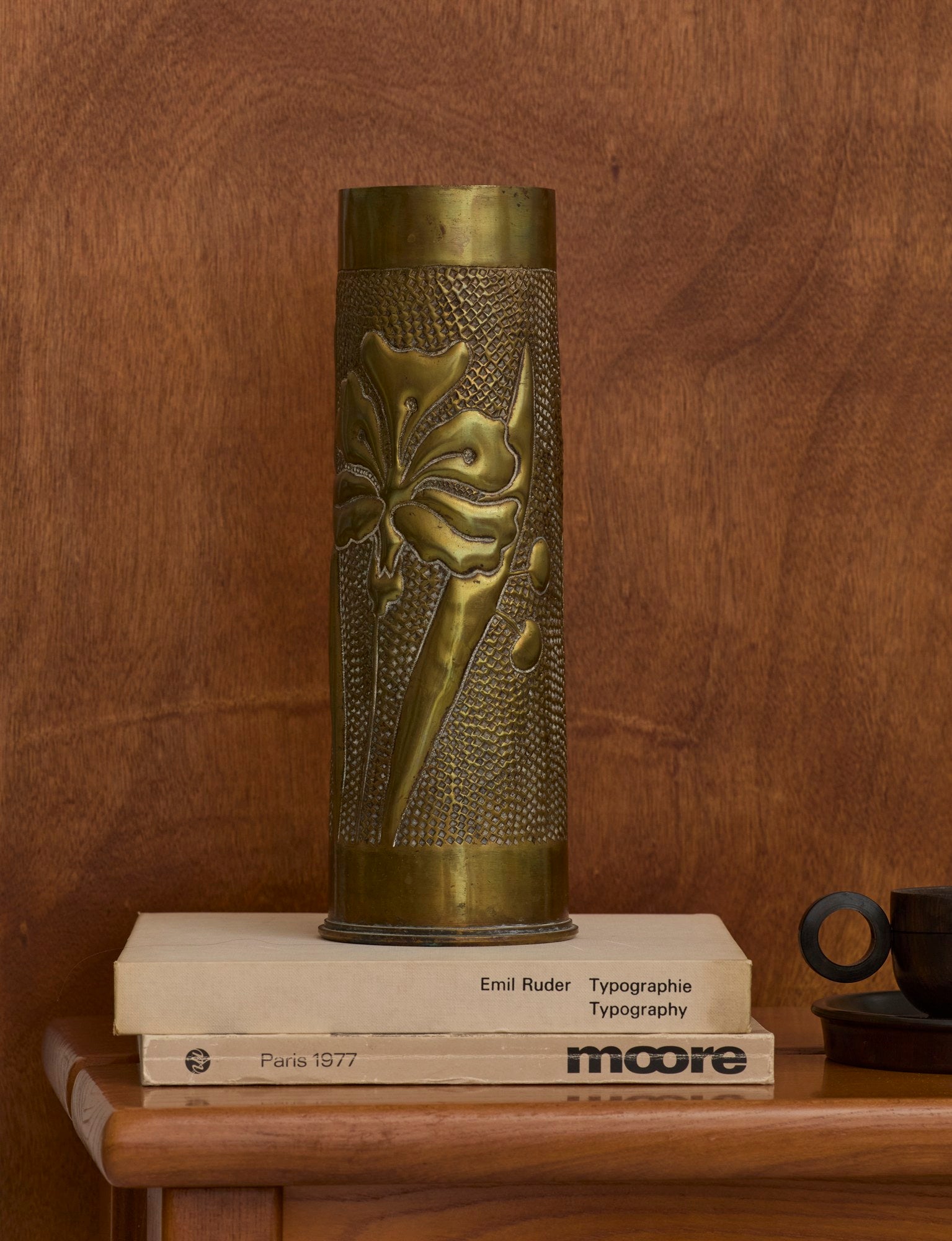 Vintage Vase in Metal Brass (hand-repoussé Iris motif) by DIG IN JAPAN | The Oblist