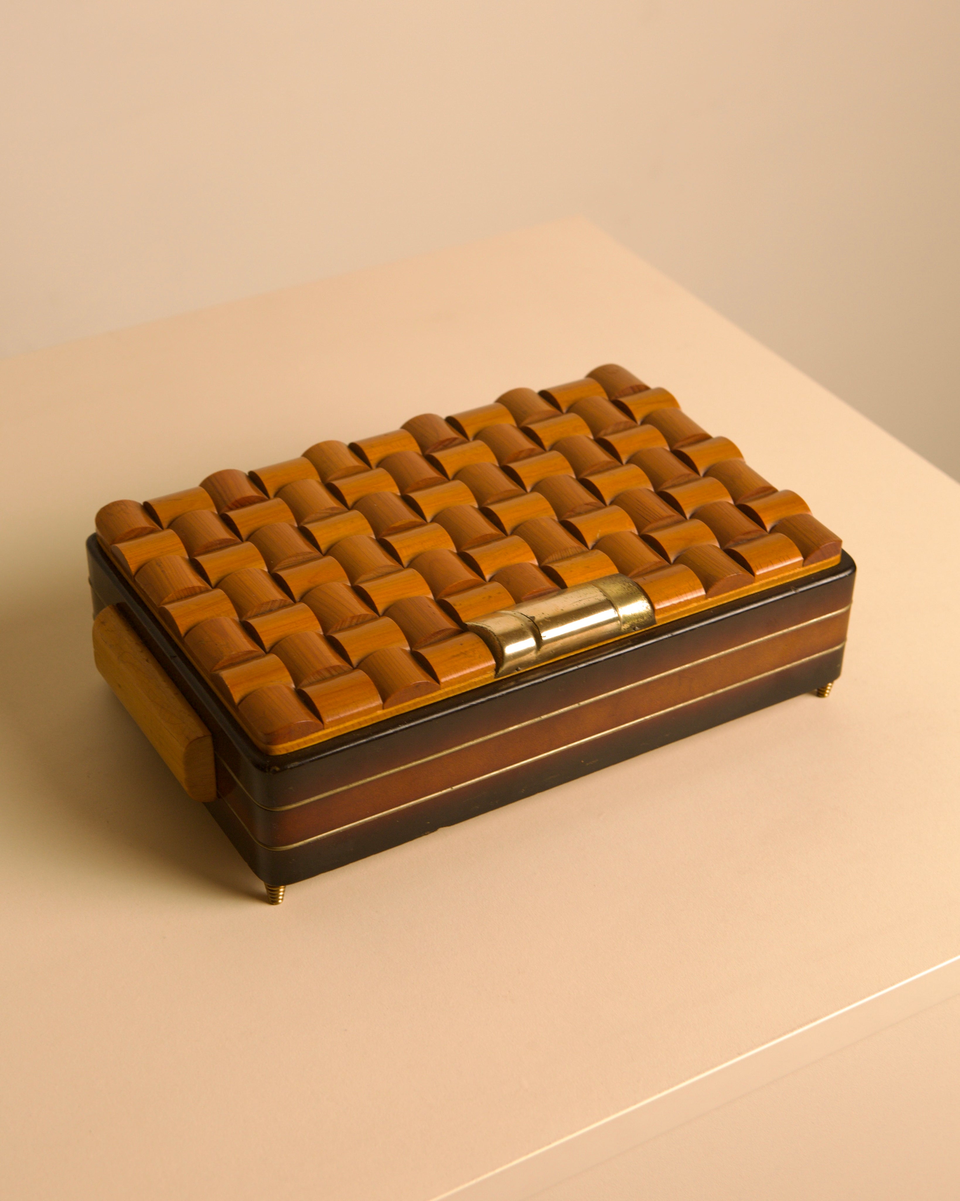 Italian Woven Wood & Brass Cigarette Box, 1970s — side angle