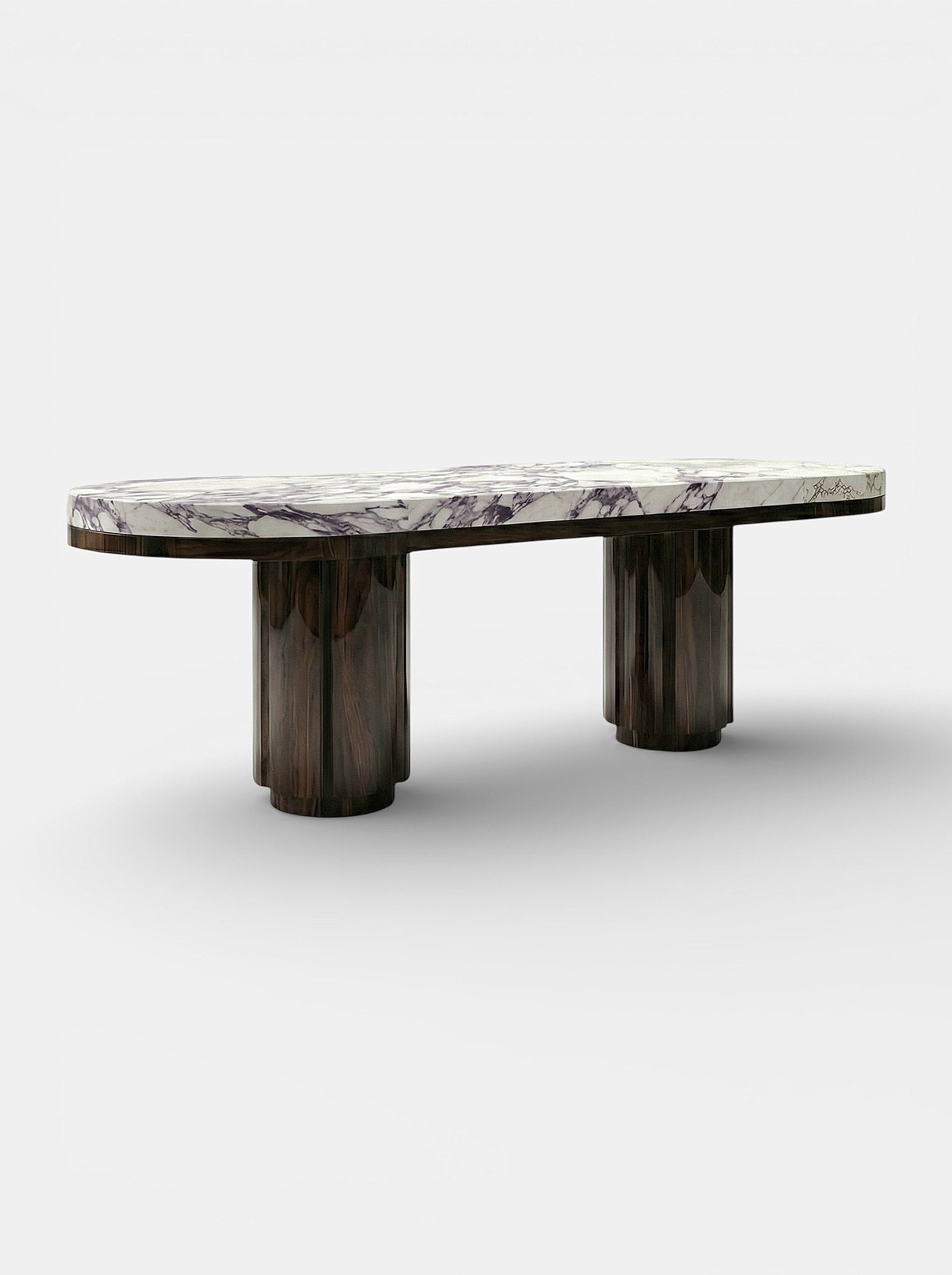 Mira Wood And Calacatta Viola Dining Table — side angle showing round marble top and wooden base