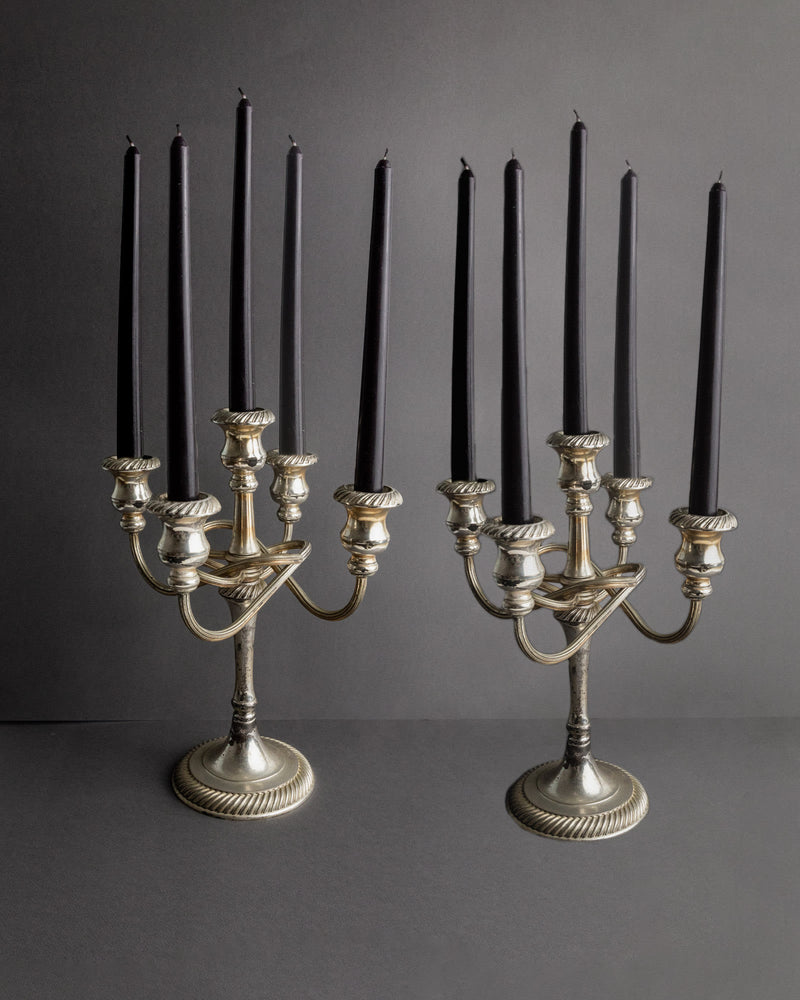 Vintage 1950s Silver Plated Candleholders, Set of 2, Large Five Arm Curved Design by Bottega Jacobs | The Oblist — silver fin
