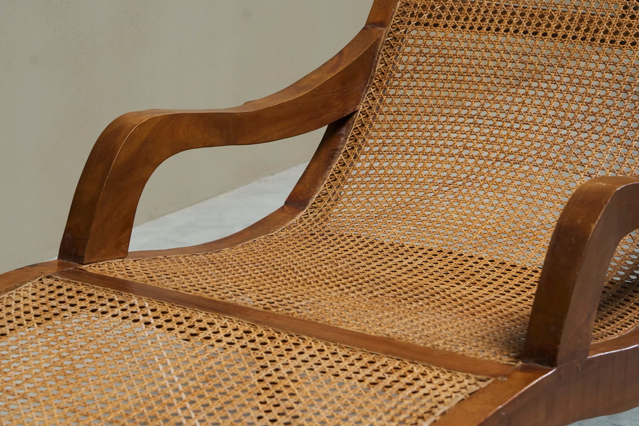 Sculptural Colonial Chaise Longue in Wood and Hand-Woven Cane, 1920s — in context
