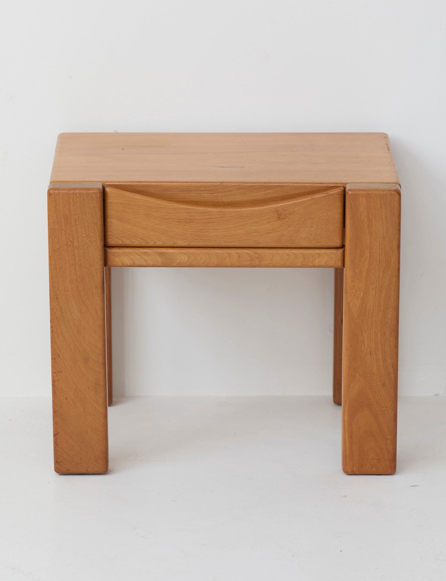 Minimalist Solid Elm Bedside Table with Drawer by Maison Regain, France, 1980s — detail view