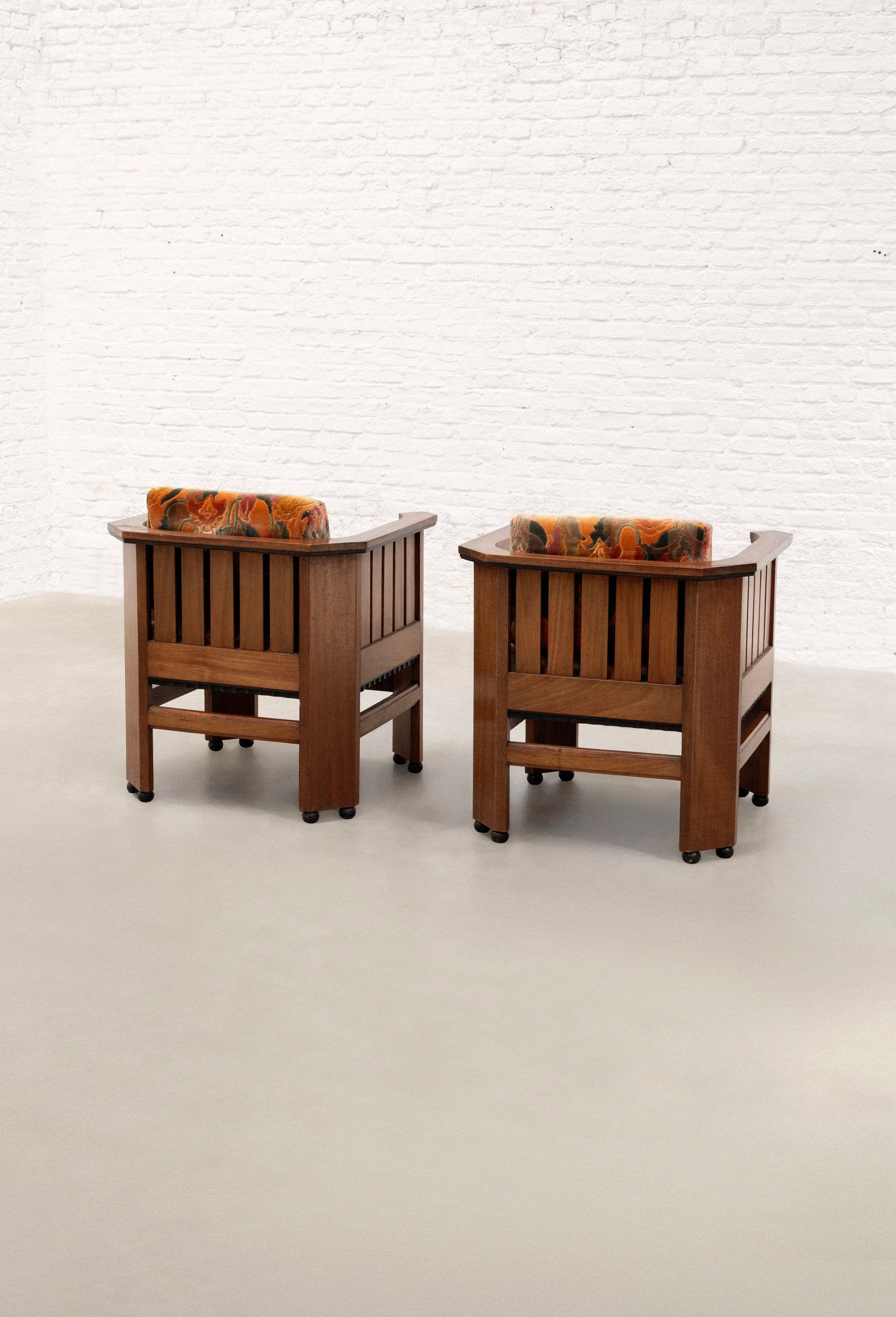 Pair of Amsterdam School Walnut Armchairs, Netherlands, c. 1930 — close-up