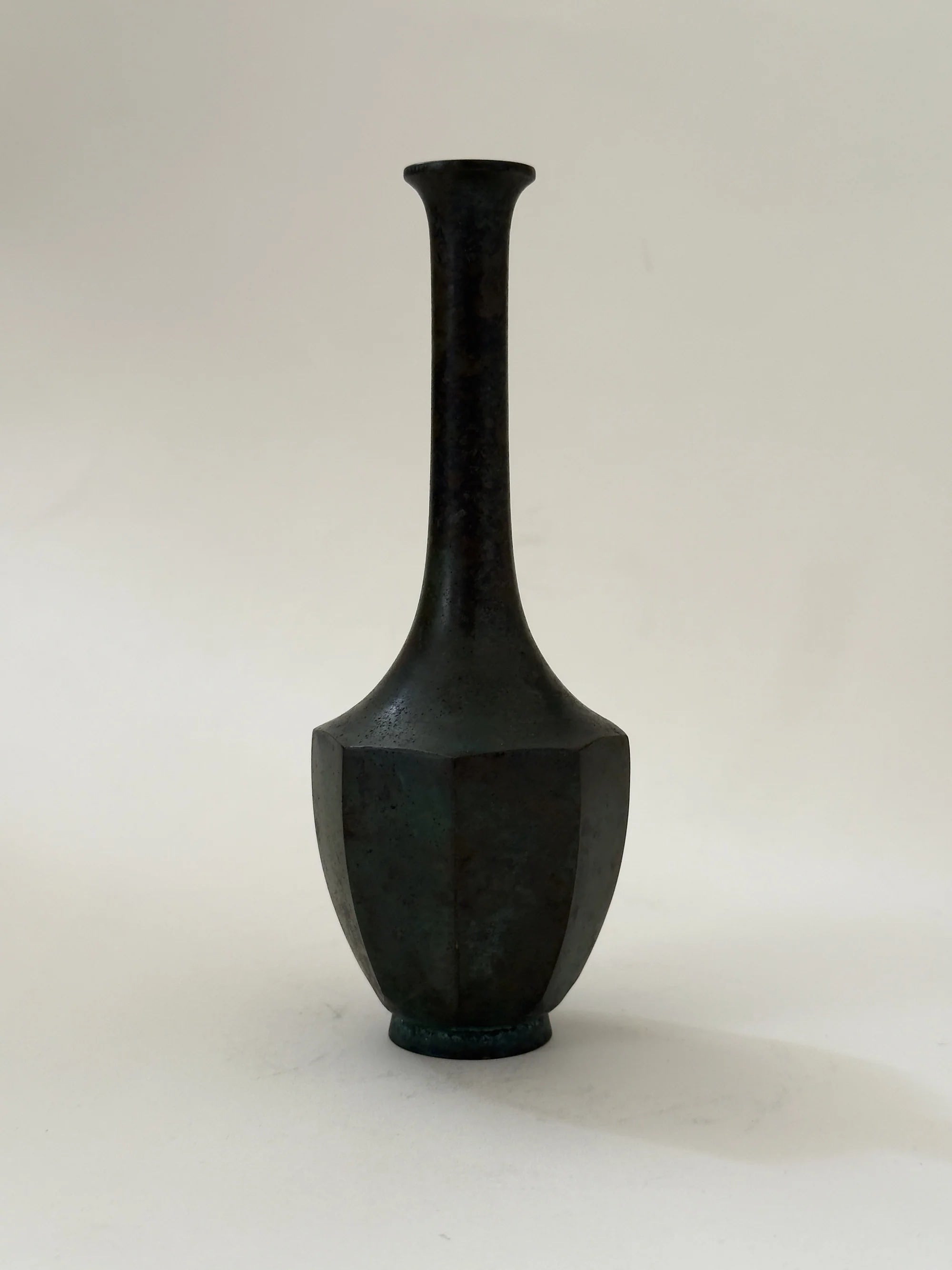 Rare Japanese Hexagonal Bronze Vase — side angle highlighting dark patina finish