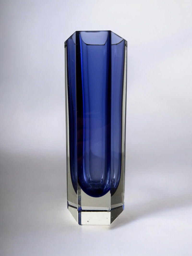 Sommerso Vase by Seguso, blue faceted glass, Murano, Italy, 1970's — close-up of blue glass with clear base
