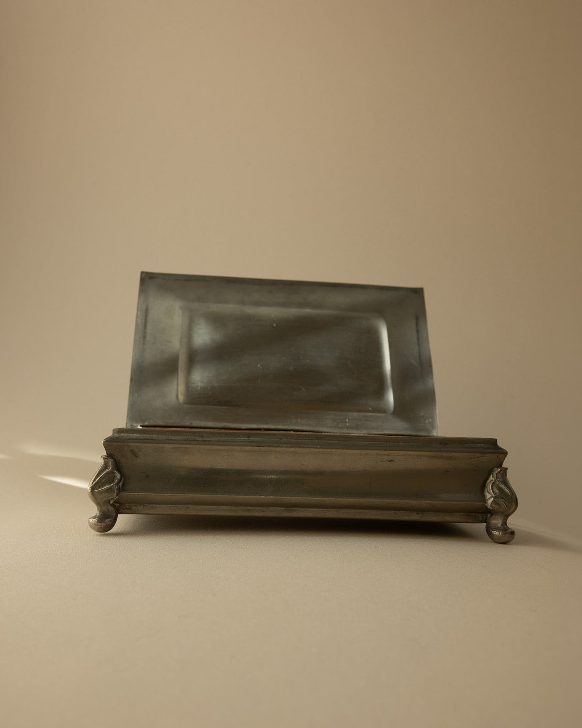 Mabos Swedish Grace Pewter Box on Sculpted Corner Feet (c. 1930s) — side angle