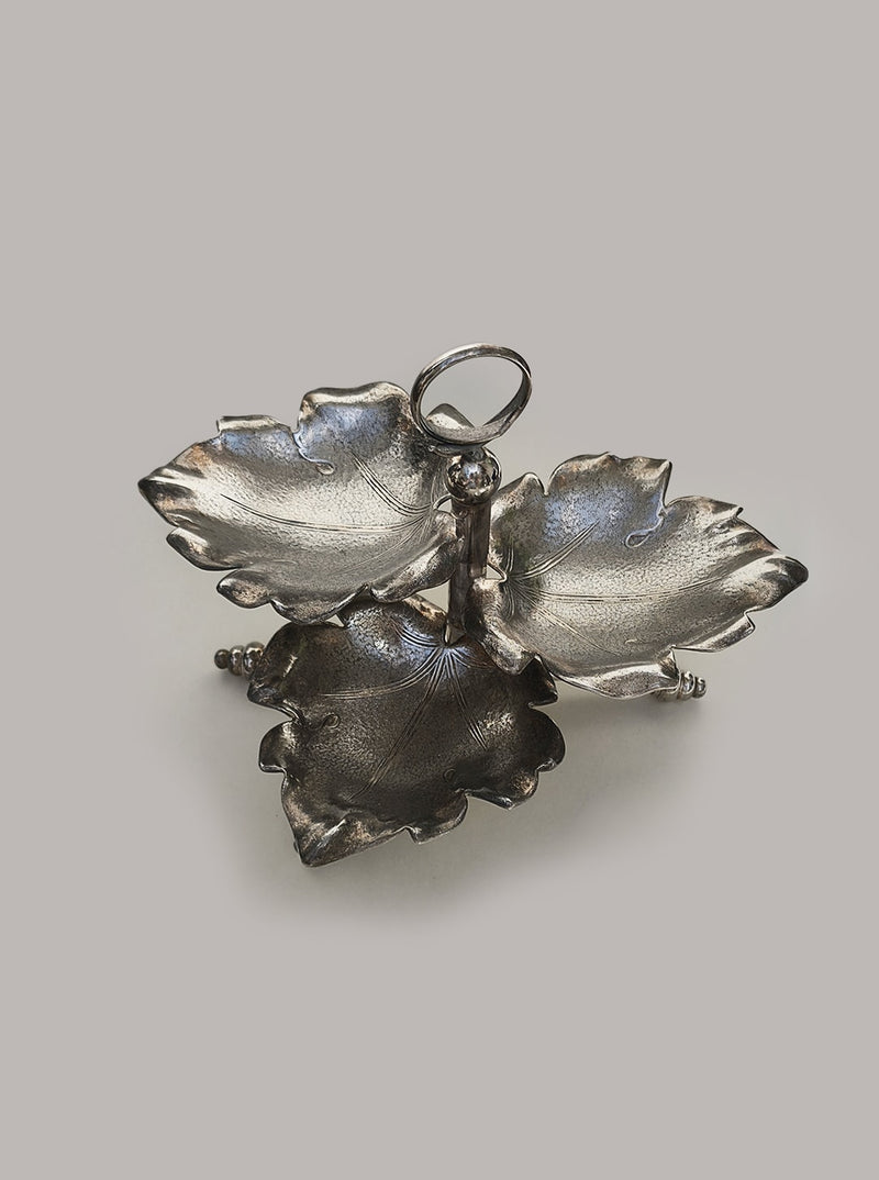Silver-plated triple leaf serving tray with ornate handle