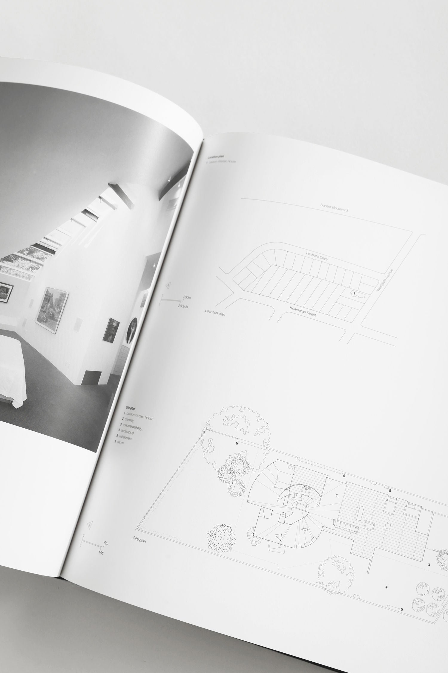 The Villa Architecture Book Series - Set of 5 features open architecture books displaying black-and-white art gallery photos on left pages and architectural floor plans with landscaping details on right pages.
