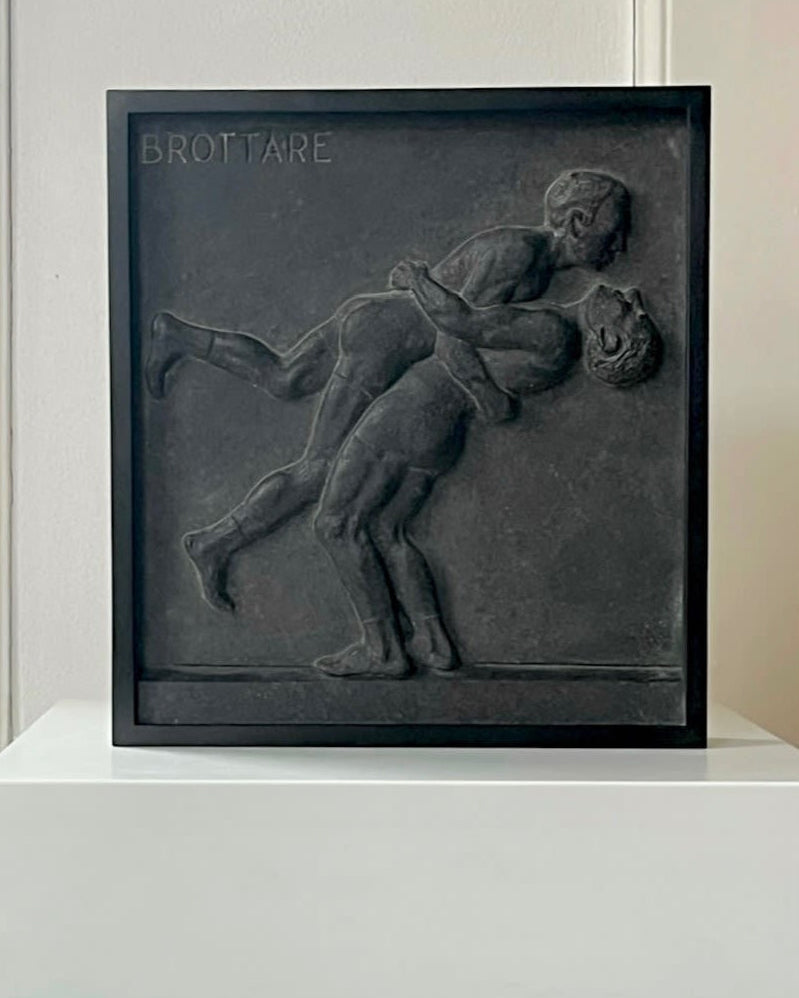 Wrestlers, Relief Sculpture in Stone by Médecine | The Oblist — dark stone, handcrafted