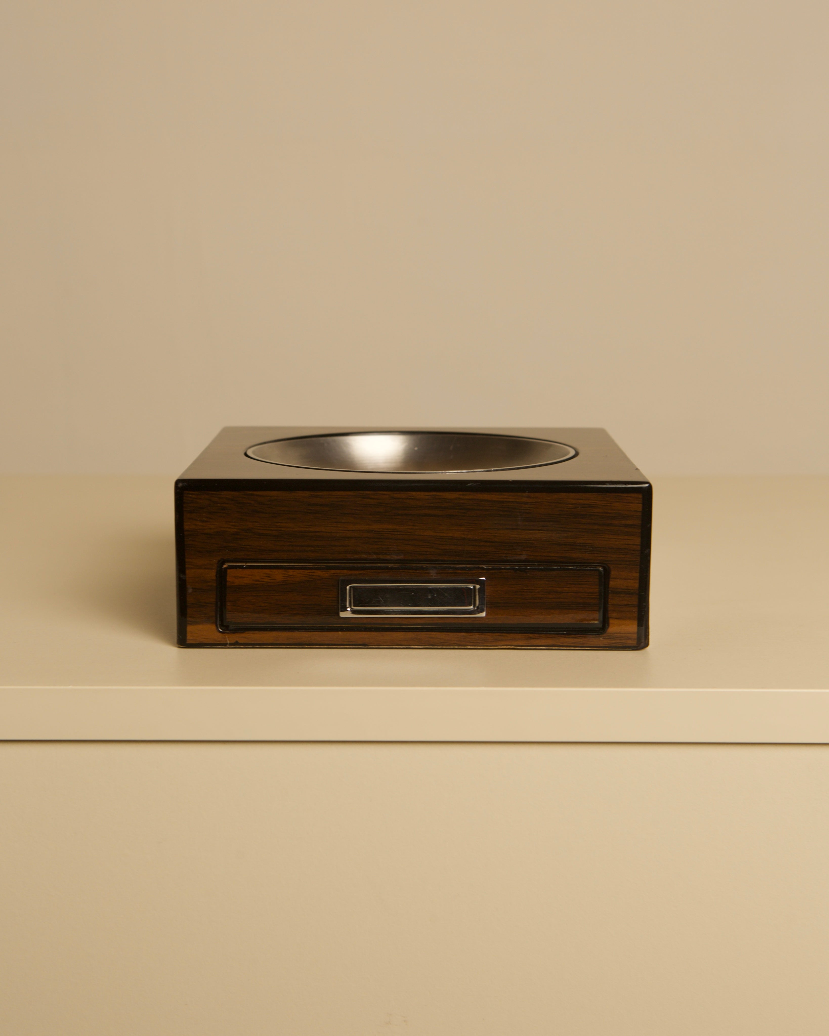 Italian rosewood veneer and steel box / catchall, 1980s — side angle