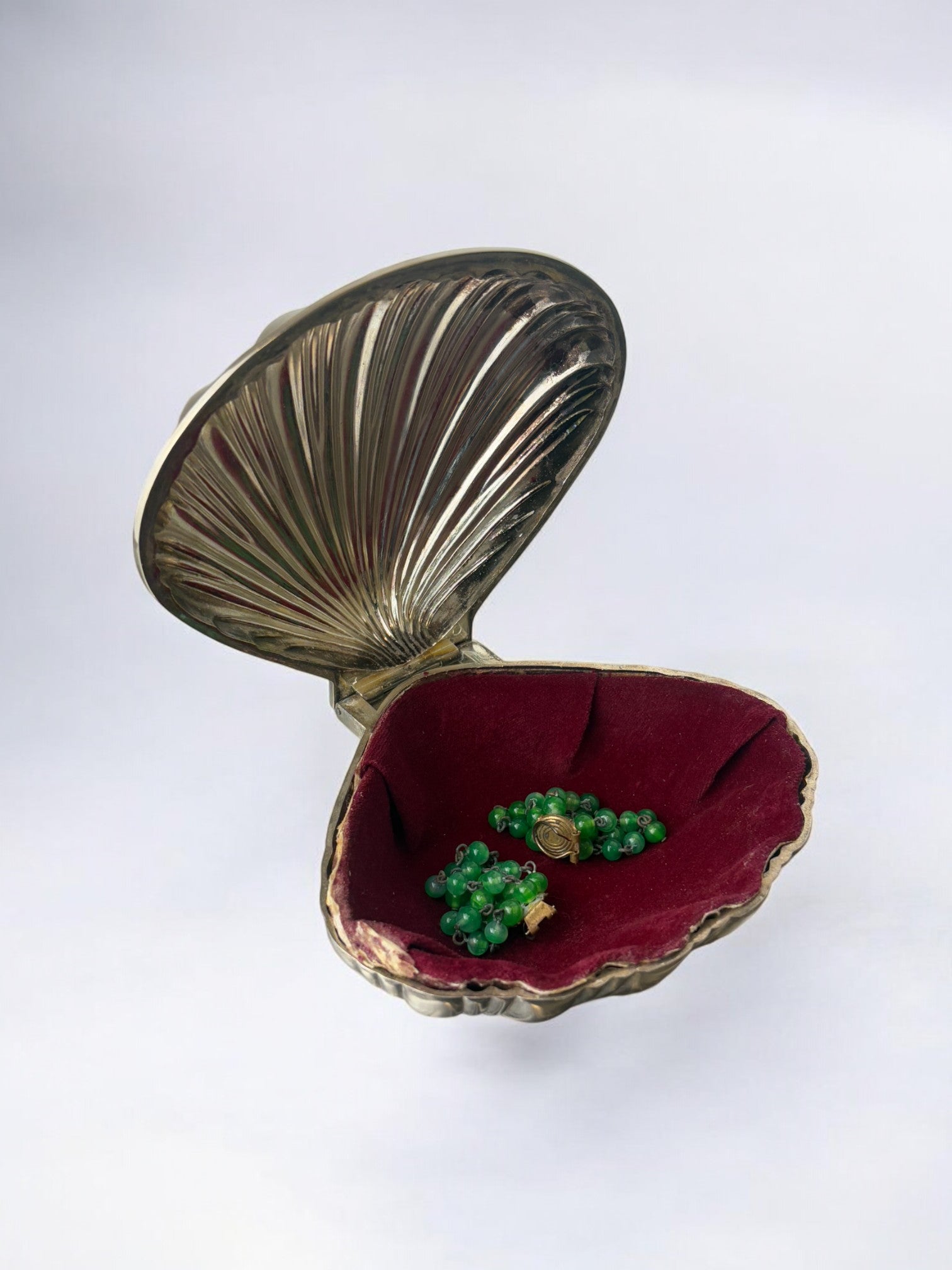 Shell Jewelry Box, Silver Plated, Italy, circa 1980's — top view with red velvet interior