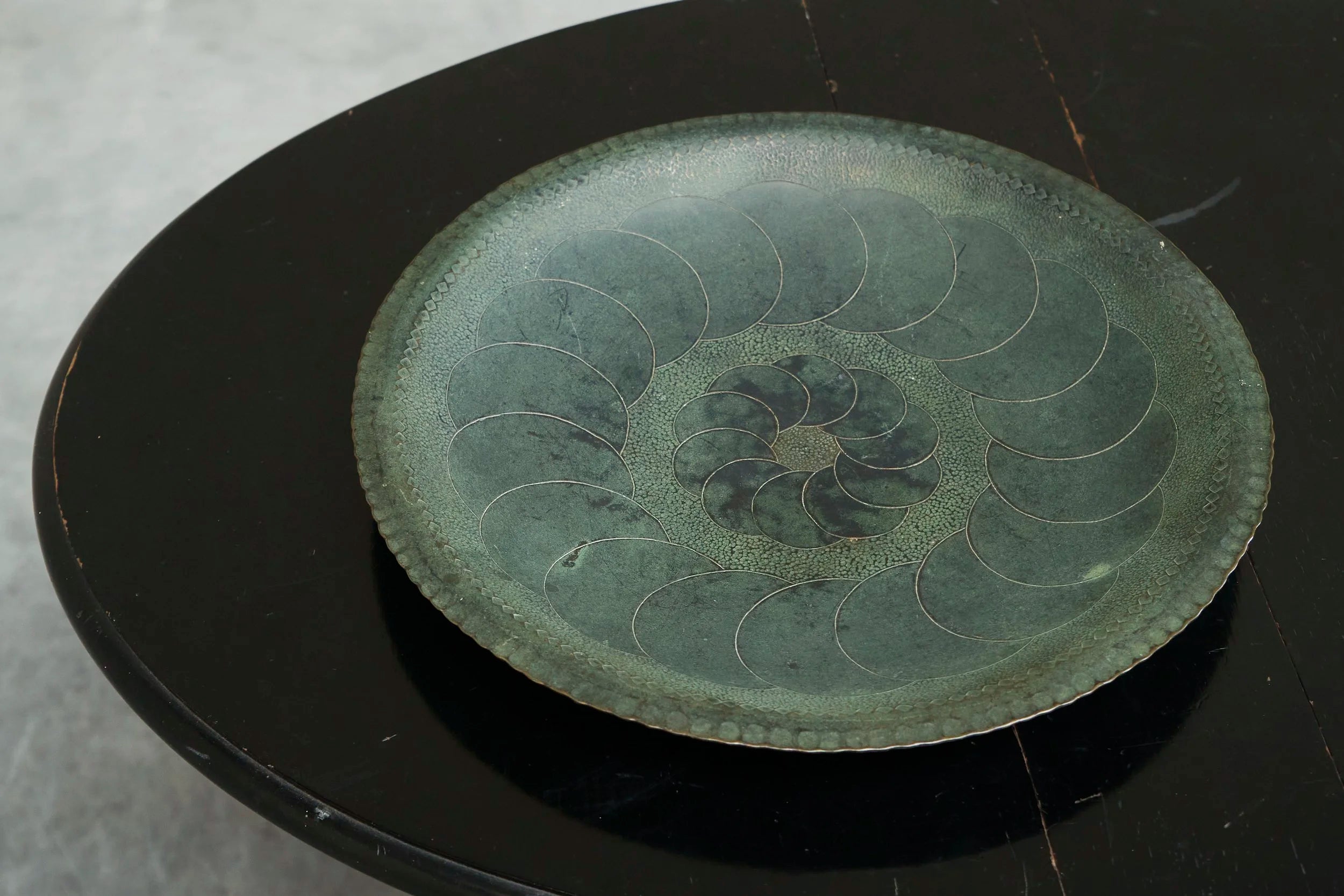 Hand Hammered Art Deco Centerpiece Bowl in Verdigris Patinated Copper 1930s — in context
