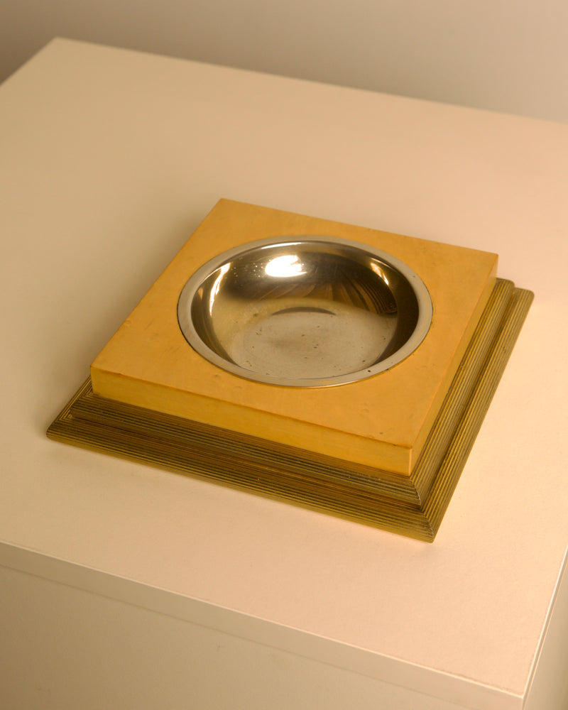 Italian square valet tray in gilt metal and light wood from the 70s by Treaptyque | The Oblist