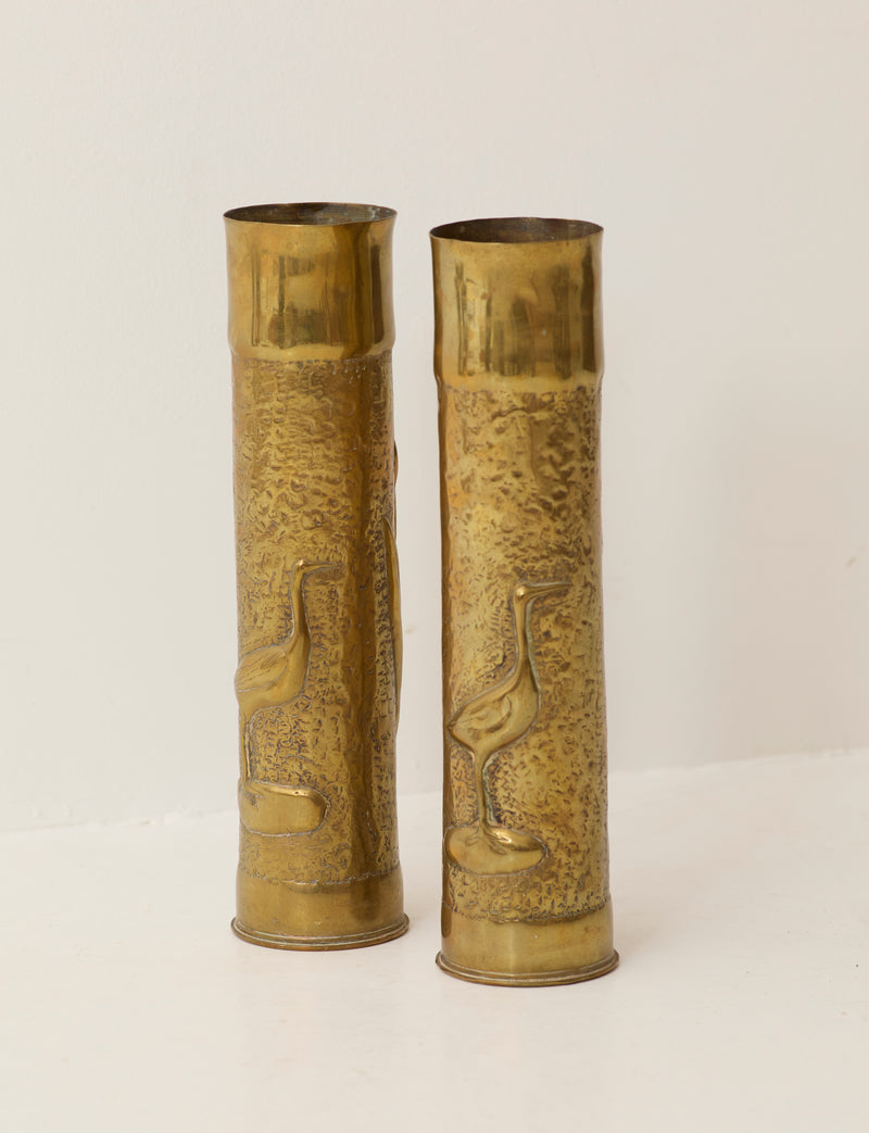 Set of 2 Vintage Vases in Metal Brass — close-up of embossed crane design