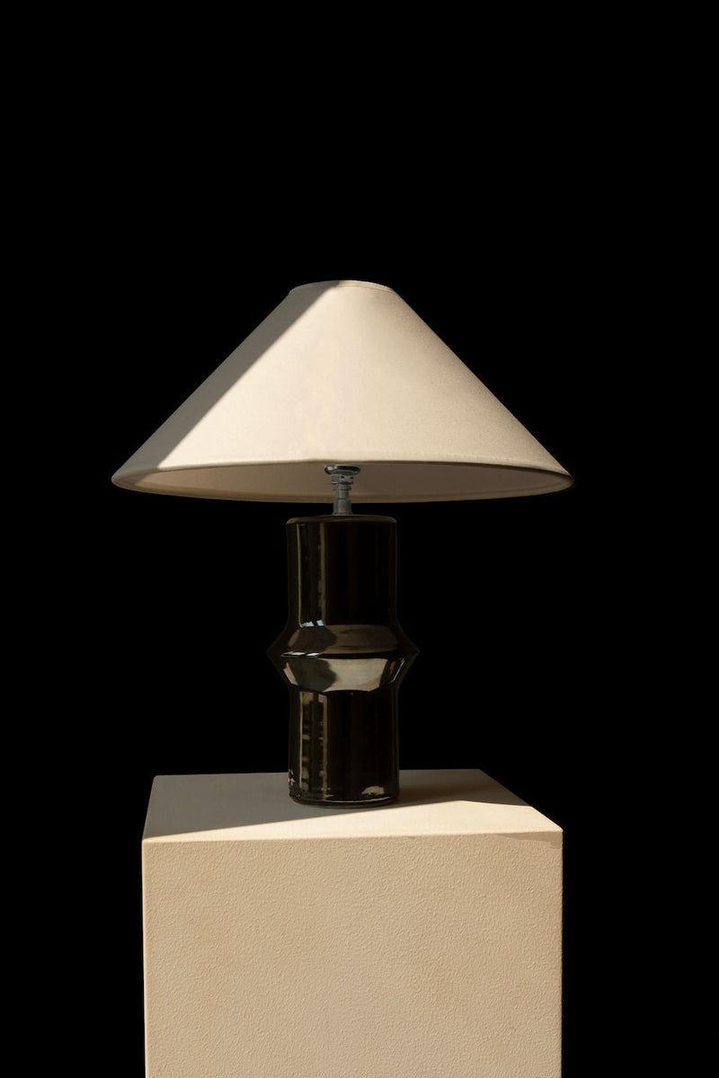 Alix' Table Lamp in Chrome by Landy Rakoto Ceramics | The Oblist — ceramic base, neutral shade