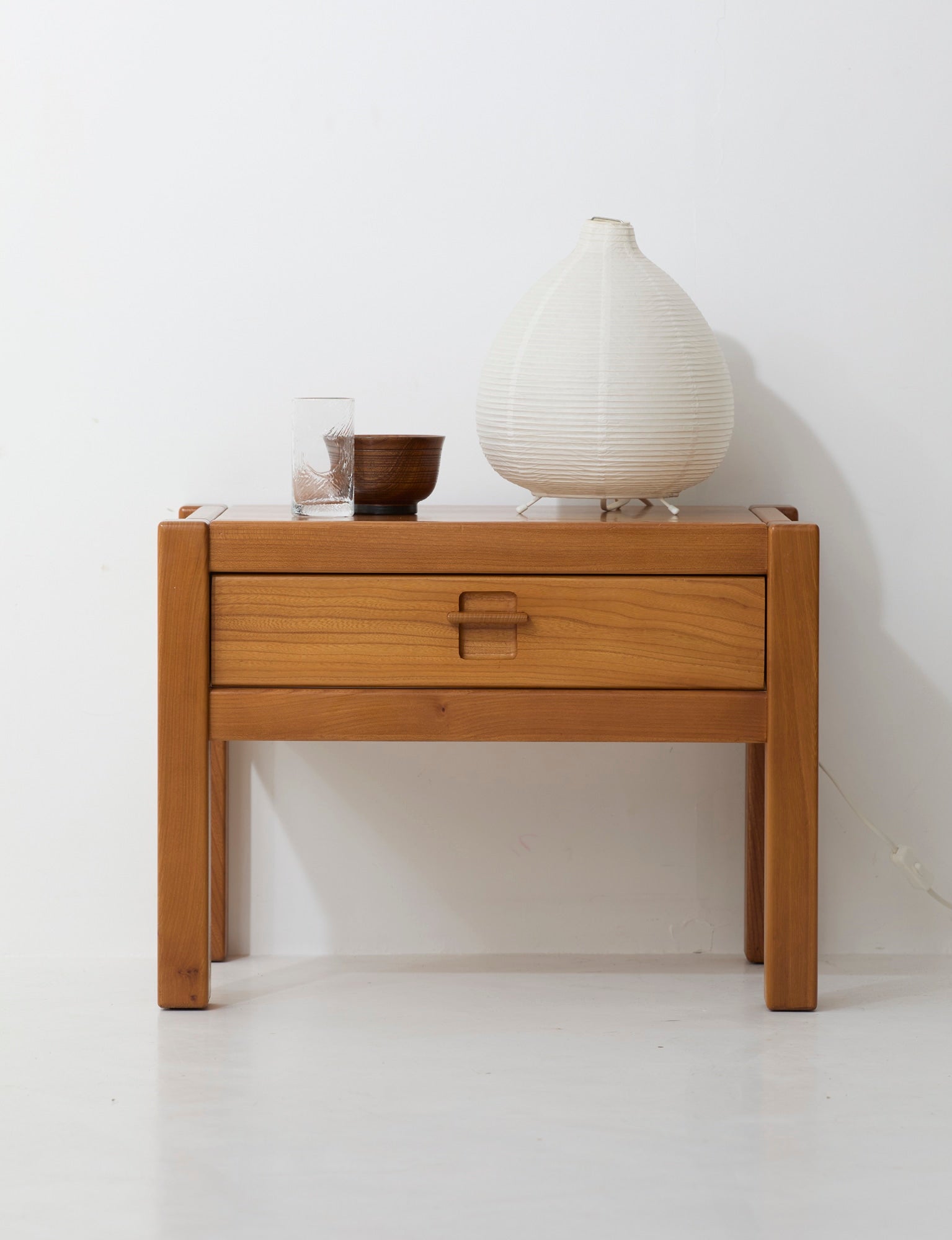Vintage artisanal one-drawer Side Table in Wood (Elm), France circa 1980 — in context