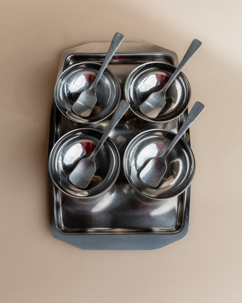 Vintage 1970s Ice Cream Serving Set for 4, Stainless Steel Cups, Spoons, Tray, Scoop — top view of stainless steel cups and s