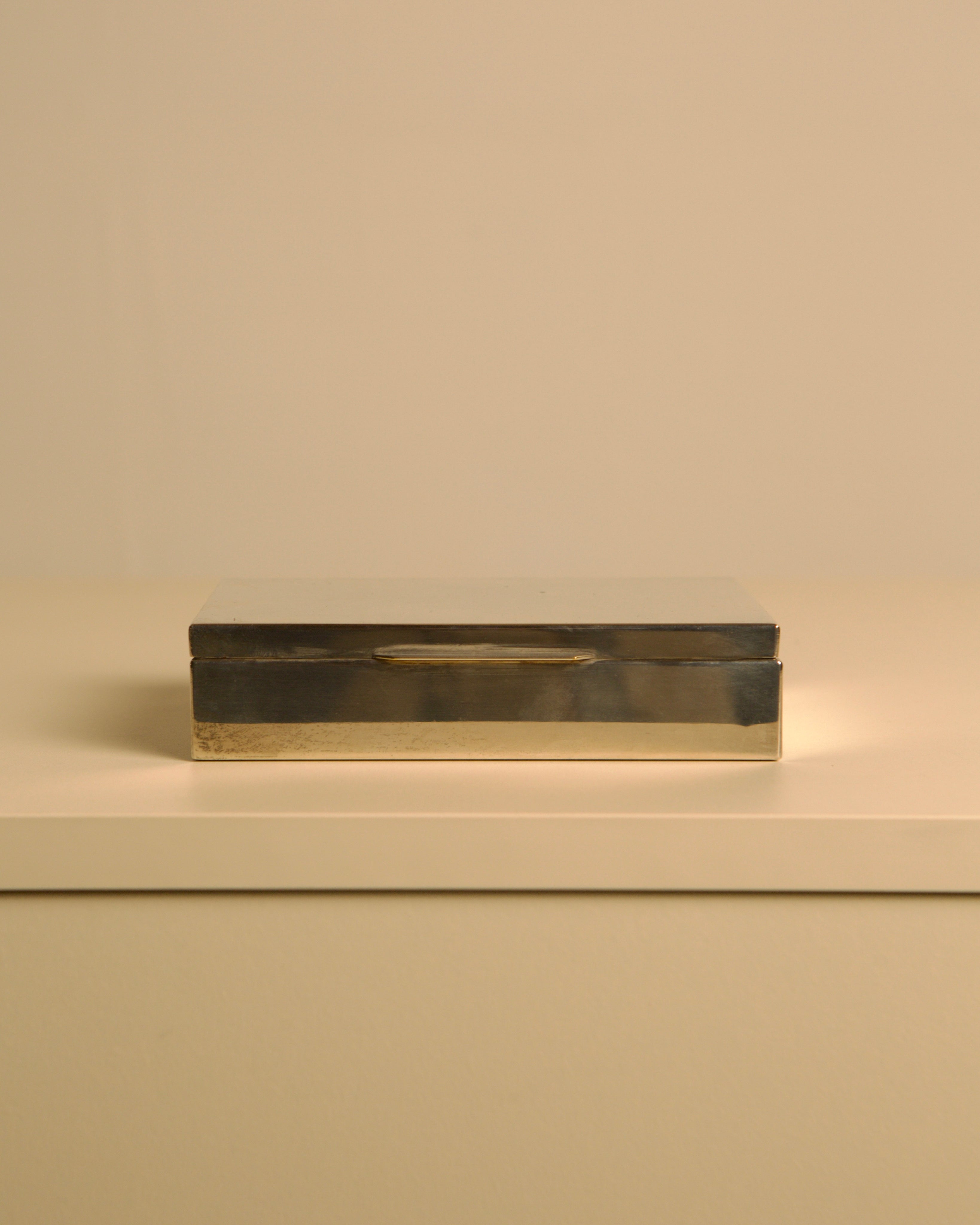 Italian Silver-plated Metal Box with a Wooden Interior, 80s — front view on neutral shelf