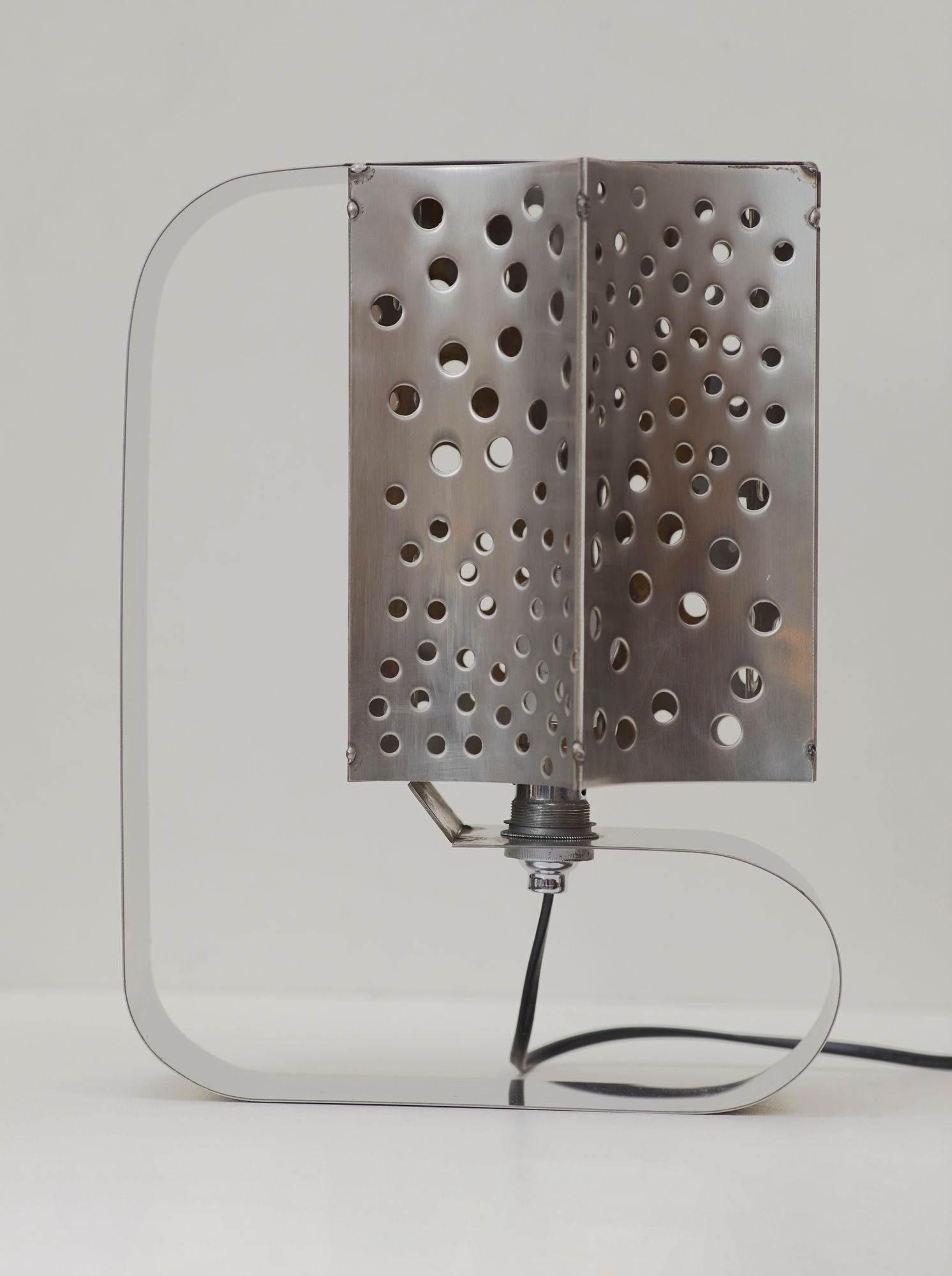 One of a Kind French Artisanal Stainless Steel Table Lamp Vintage Circa 1970 — side angle showing perforated metal shade