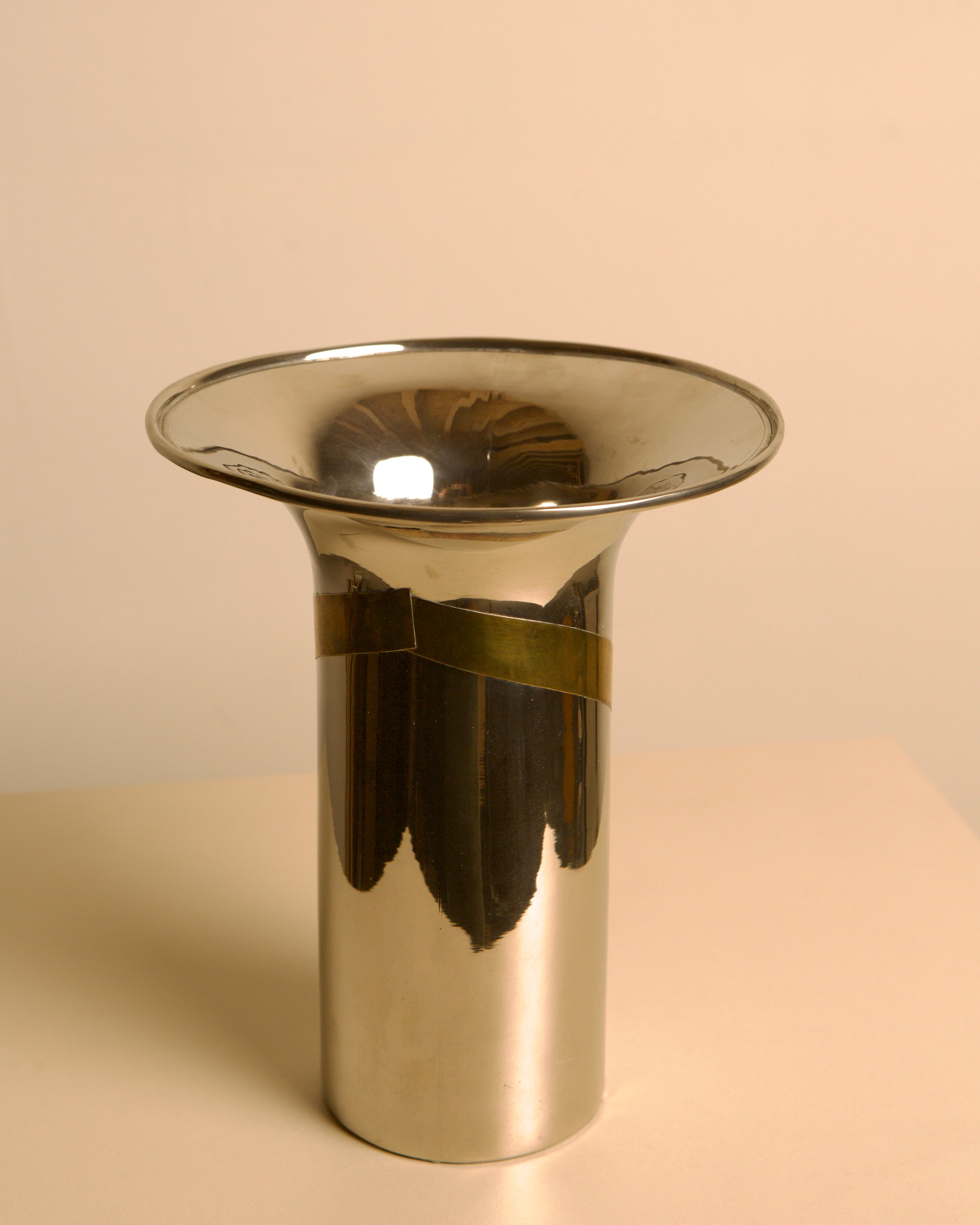 Italian Chrome and Brass Vase, 1960s — side angle