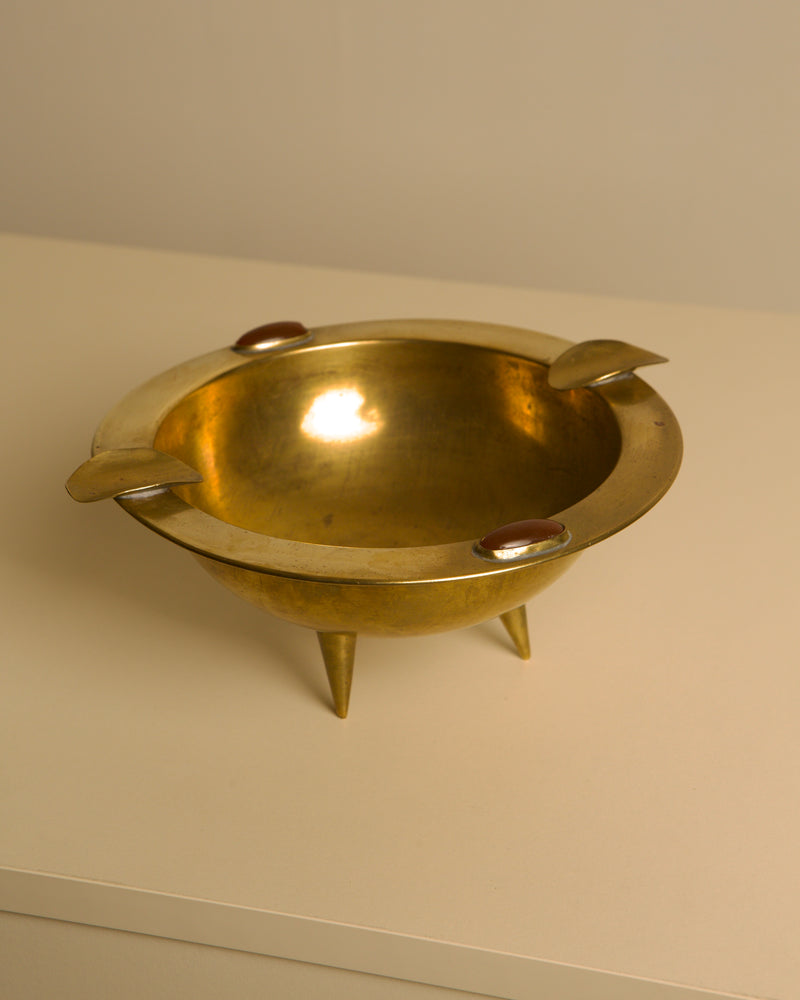 Large Italian Art Deco Brass Ashtray, 1930s — close-up view of brass with red accents